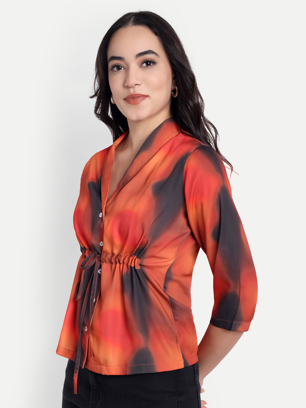 FairLeaf Women's Red Collar Top with Button – |100% Pure Cotton| Lightweight Relaxed Fit Floral Print