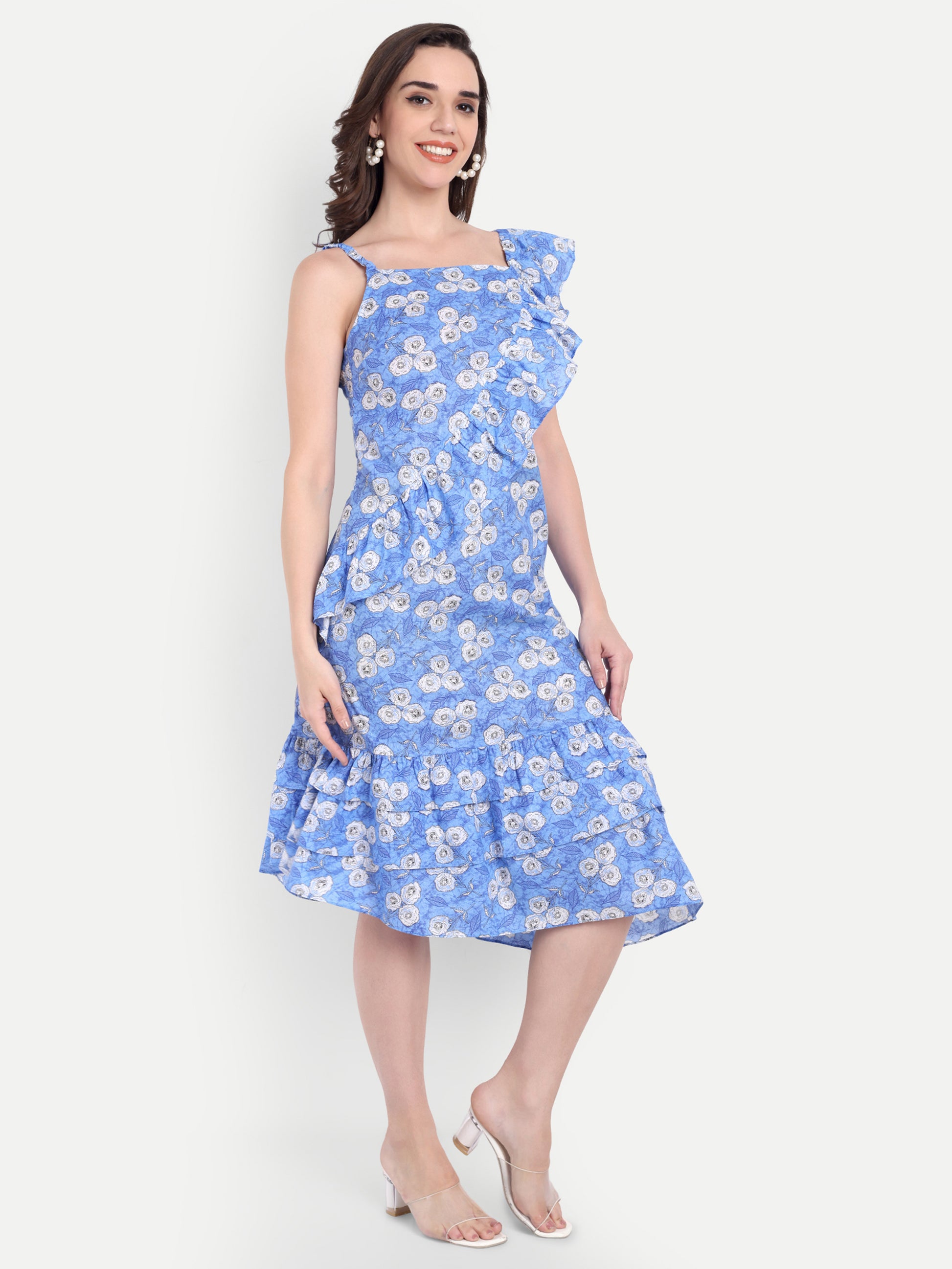 Women's Blue Printed One-Shoulder Ruffle Dress | Sleeveless | Stylish Summer & Party Wear
