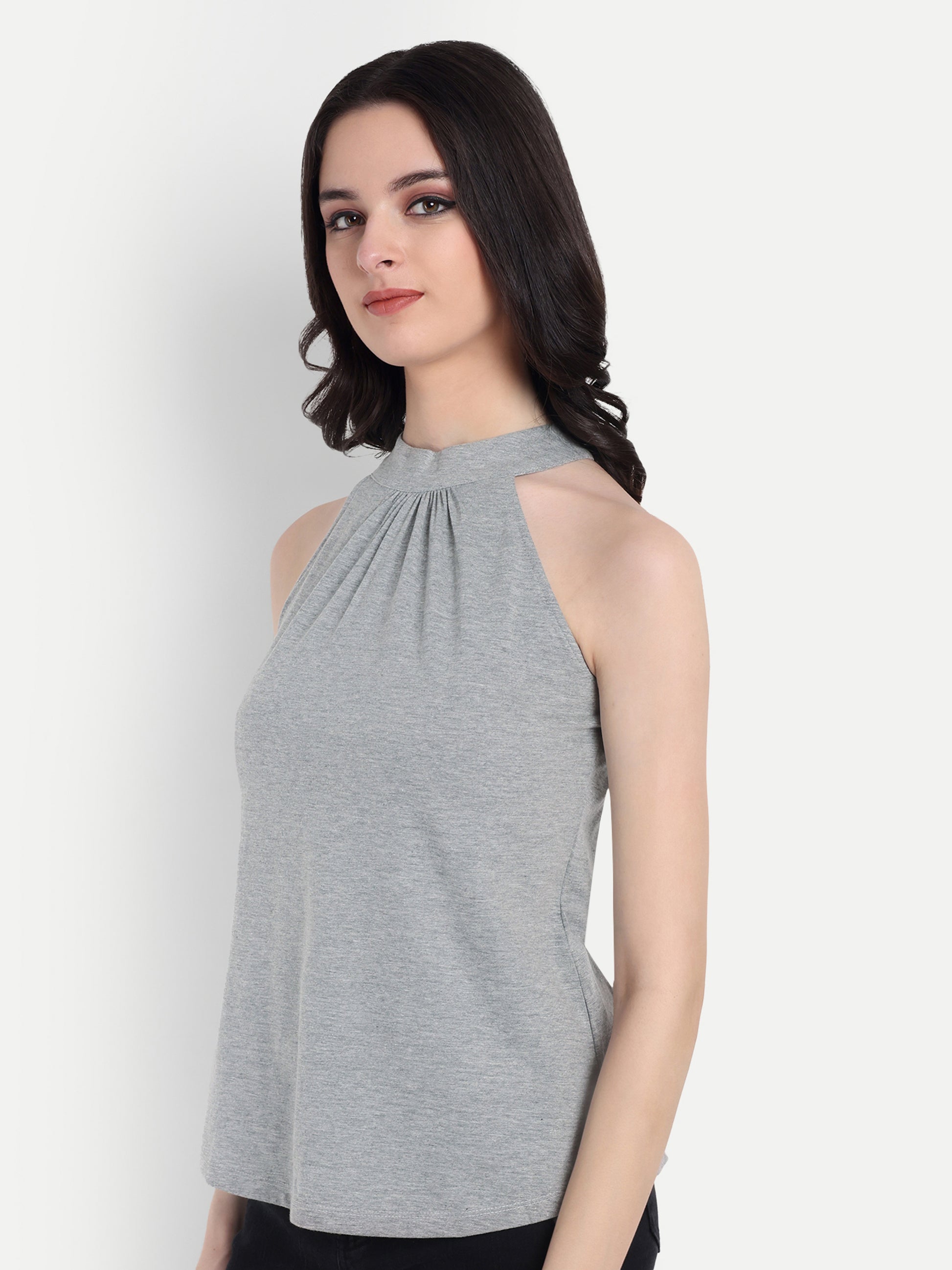 Women's Light Grey Halter Neck Sleeveless Top | Casual & Party Wear
