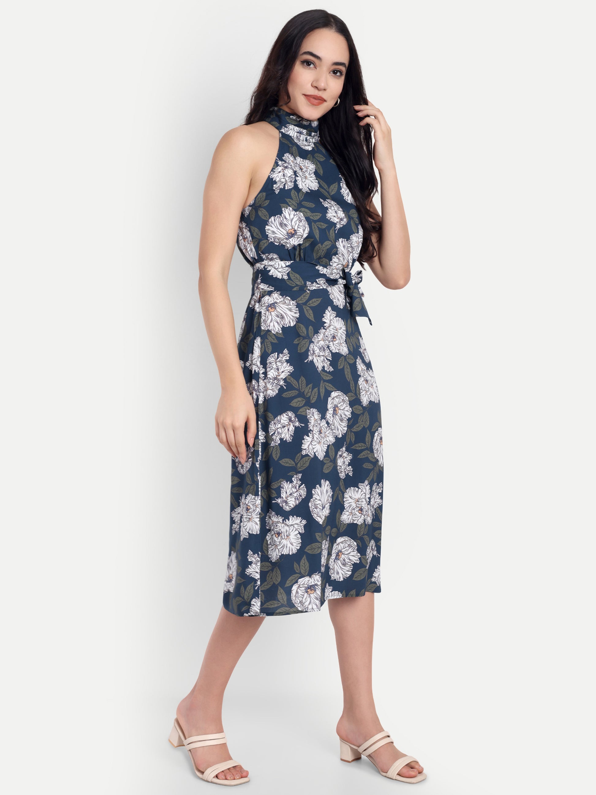 Women's Black & White Floral Halter Neck Midi Dress | Belted Waist | Resort & Summer Wear