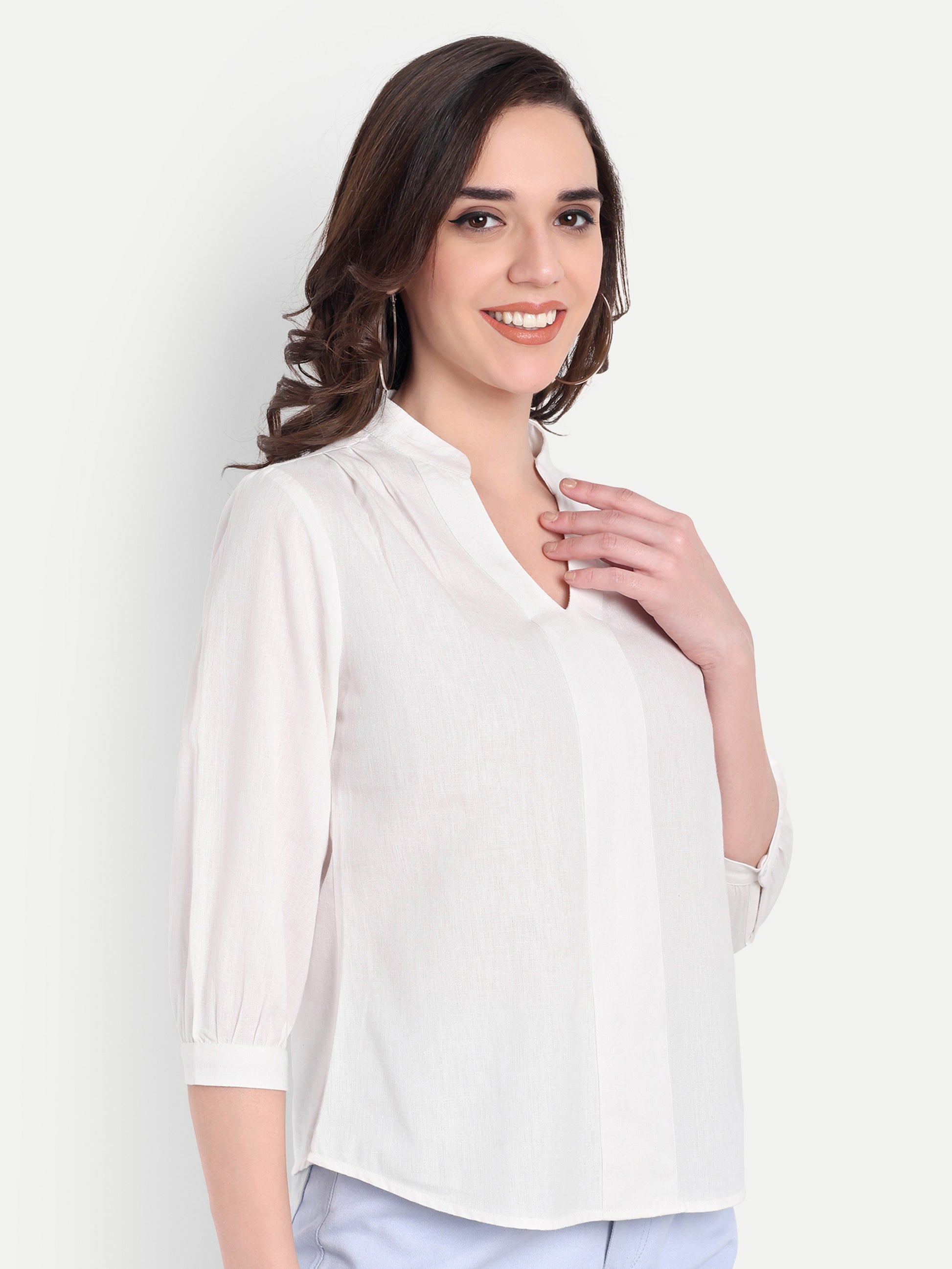 Women's White V-Neck 3/4 Sleeve Top | Lightweight Cotton Blend | Elegant Everyday Wear