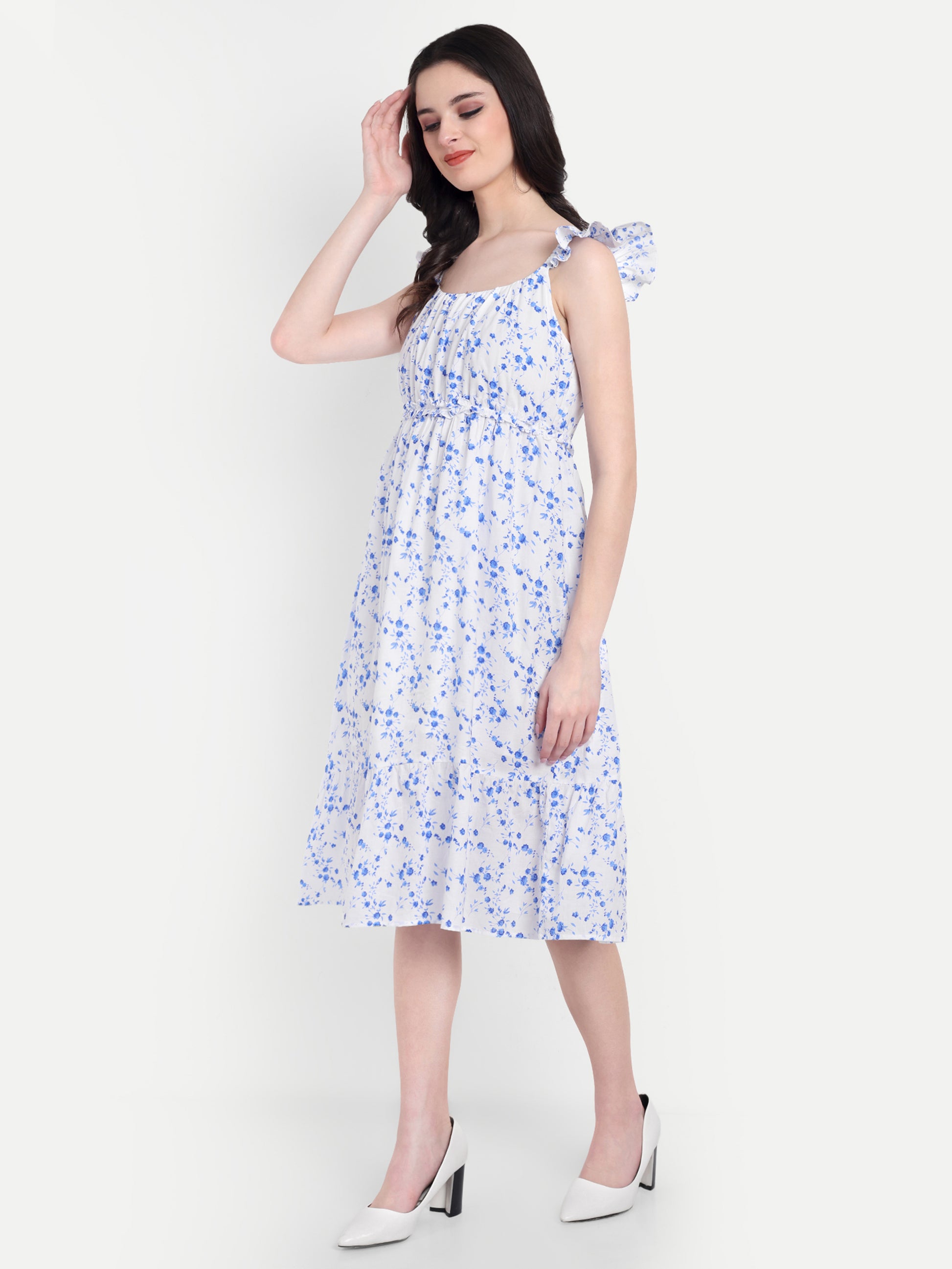 Women's Blue Floral Midi Dress | Sleeveless Ruffle Straps | Elegant Casual & Summer Wear
