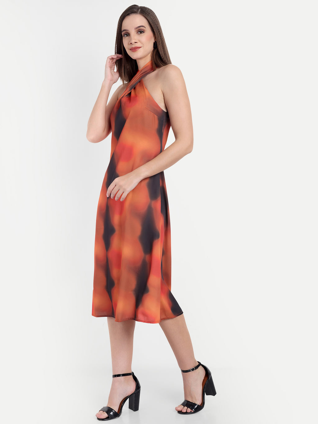 Women's red Black Halter Neck Midi Dress | Sleeveless Summer Dress