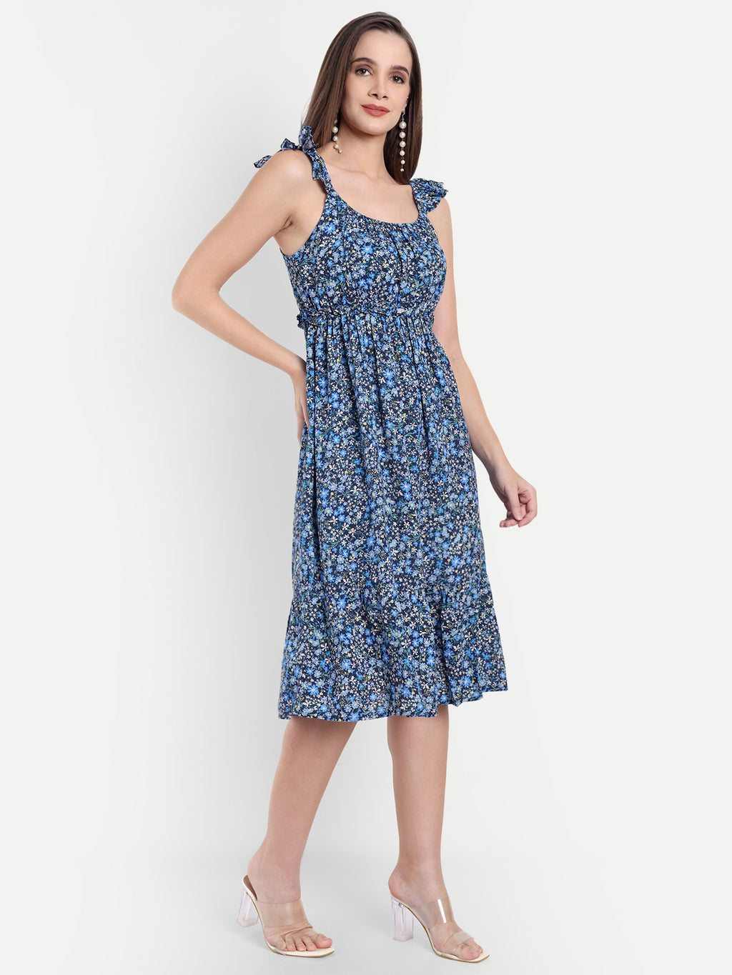 Women's Black Blue Floral Midi Dress | Sleeveless Ruffle Straps | Elegant Casual & Summer Wear