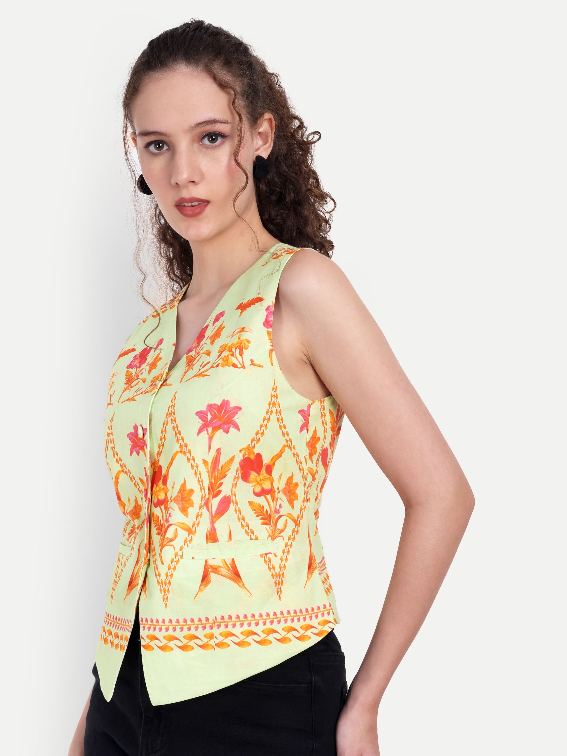 FairLeaf Women's V-Neck Sleeveless Waist Top – |100% Pure Cotton|Lightweight Relaxed Fit with Abstract Paisley Print – Stylish Casual Summer Western Wear for Women