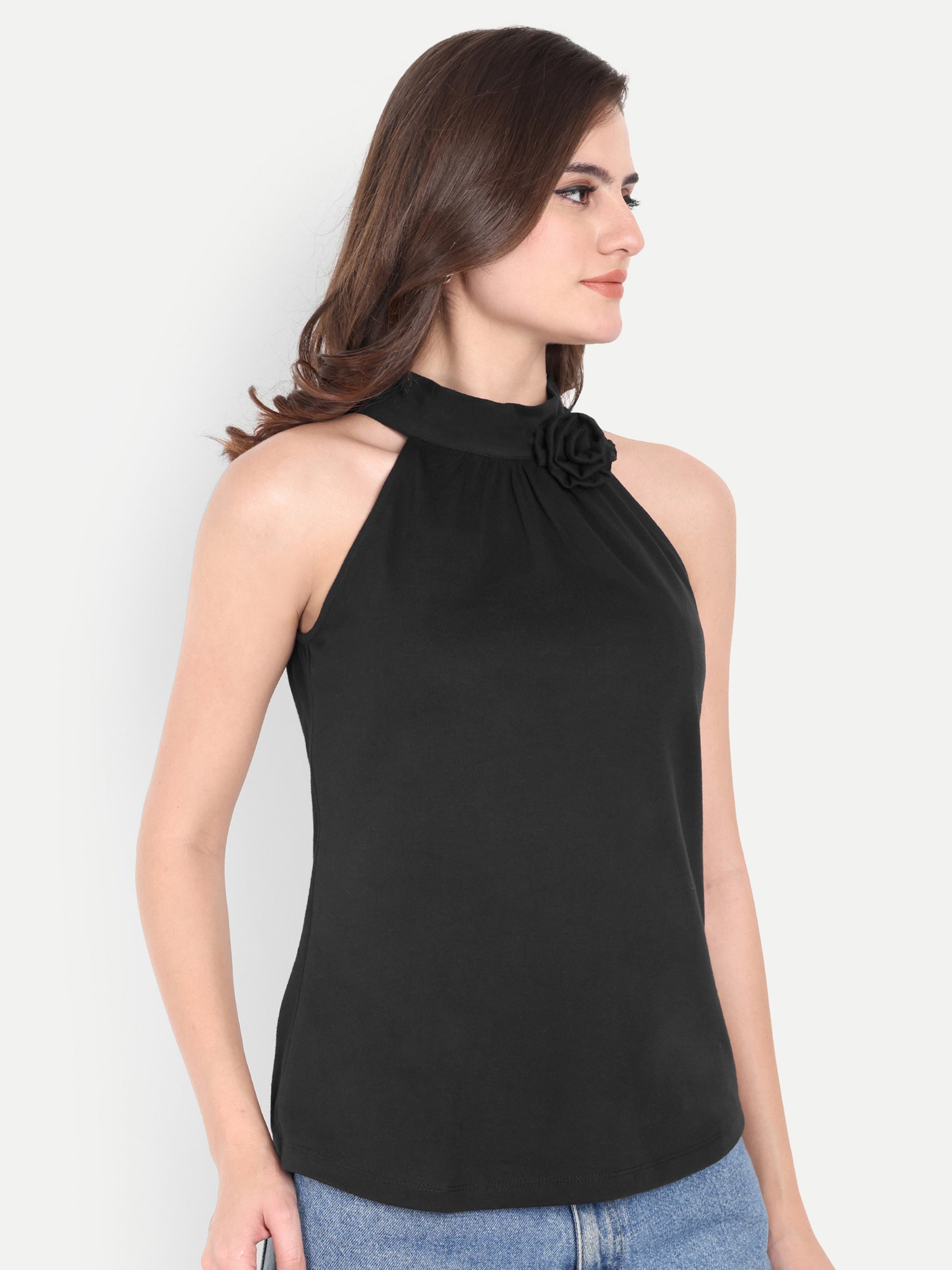 Women's Black Halter Floral Note Neck Sleeveless Top | Casual & Party Wear