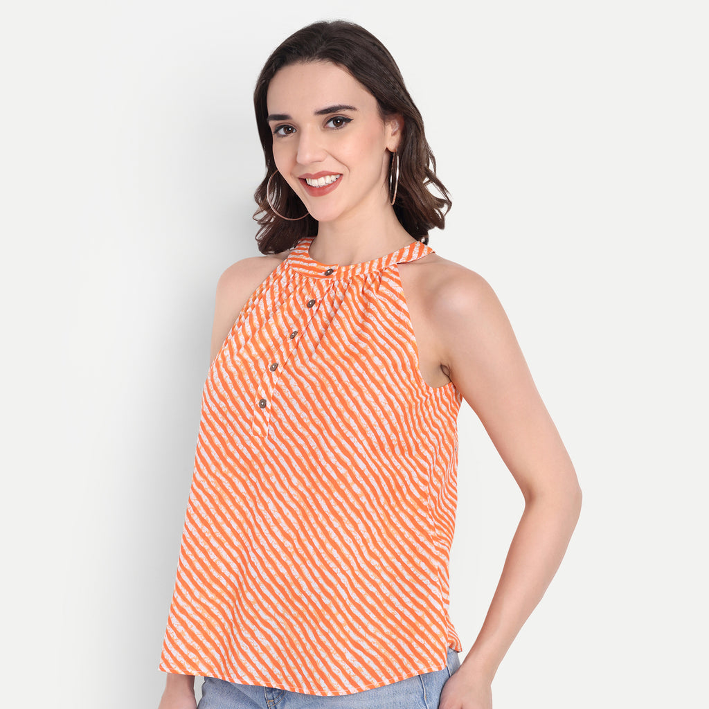 FairLeaf Women's Halter orange Top with Button-Down High Neckline| Sleeveless Elegant Summer Tunic for Casual, & Office Wear| Stylish OrangeTops for Women