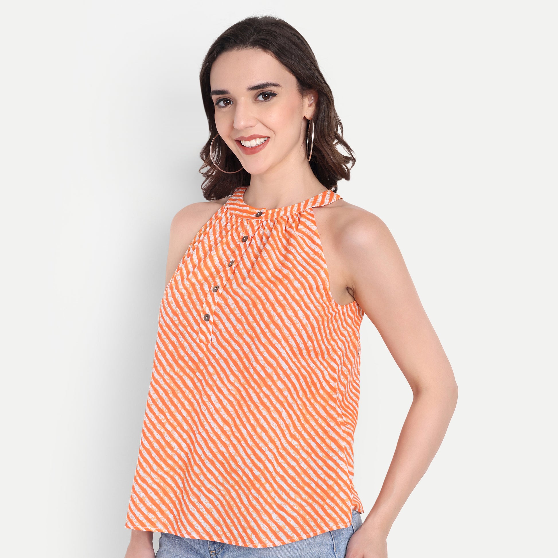 FairLeaf Women's Halter orange Top with Button-Down High Neckline| Sleeveless Elegant Summer Tunic for Casual, & Office Wear| Stylish OrangeTops for Women