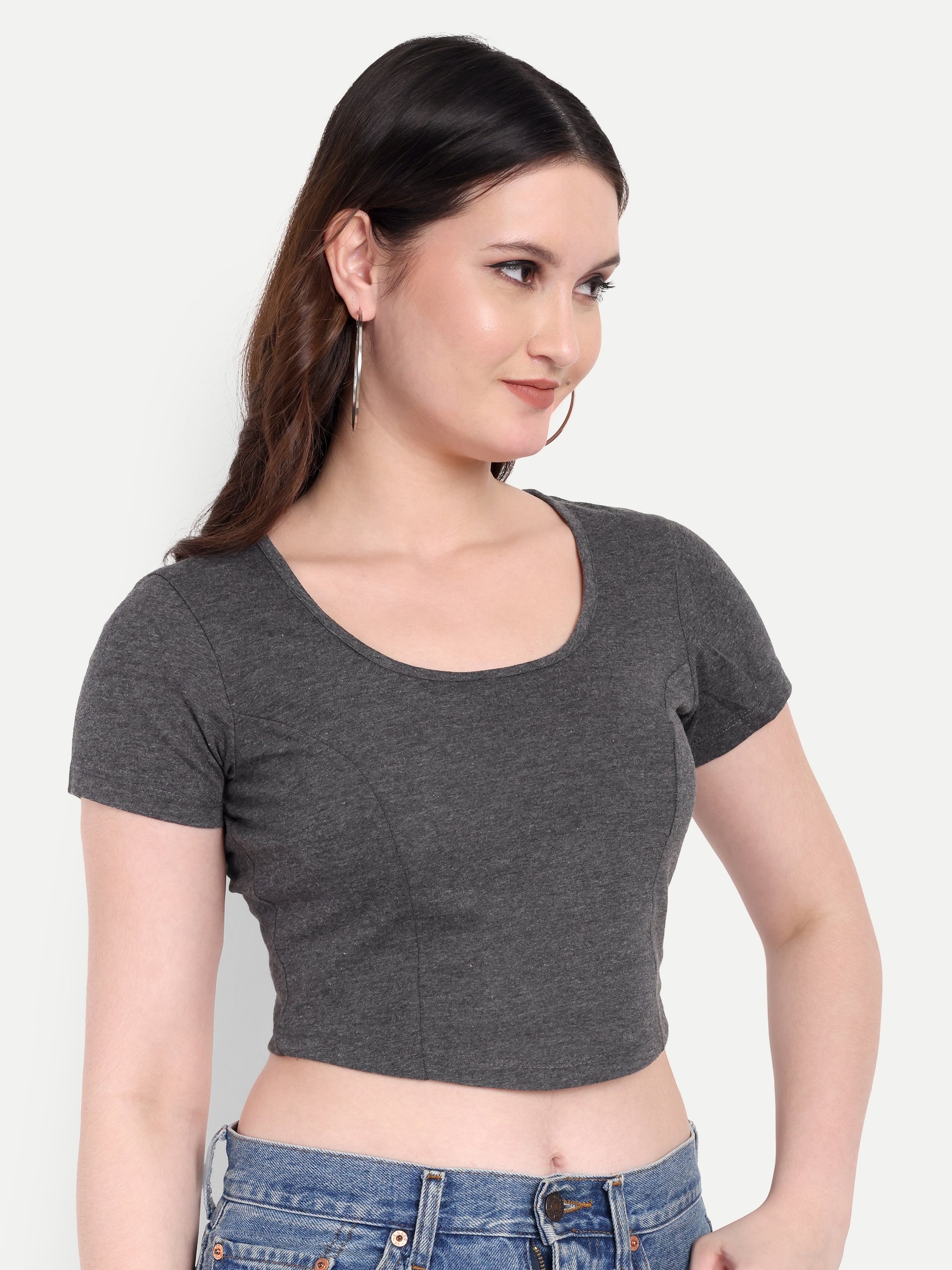 Women's Dark Grey Crop Top with Scoop Neck & Short Sleeves