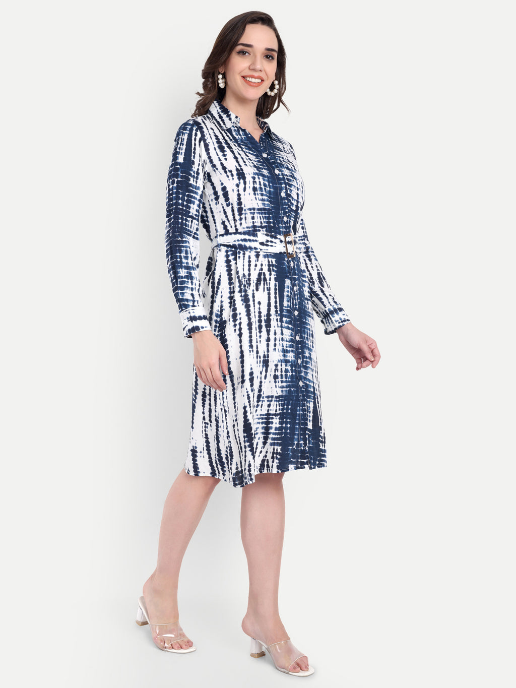 Women's Blue & White Printed Shirt Dress with Belt | Button-Down | Casual & Office Wear