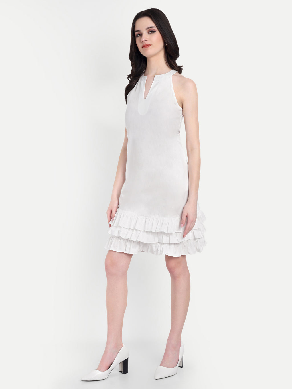 Women's White Sleeveless Halter Neck Dress | Tiered Hem | Summer Casual & Party Wear