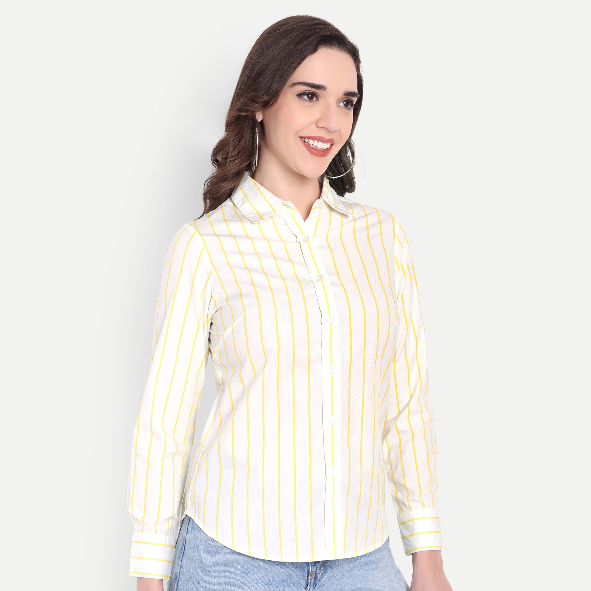 Women's White & Yellow Striped Button-Down Shirt – Long Sleeve | Casual & Office Wear