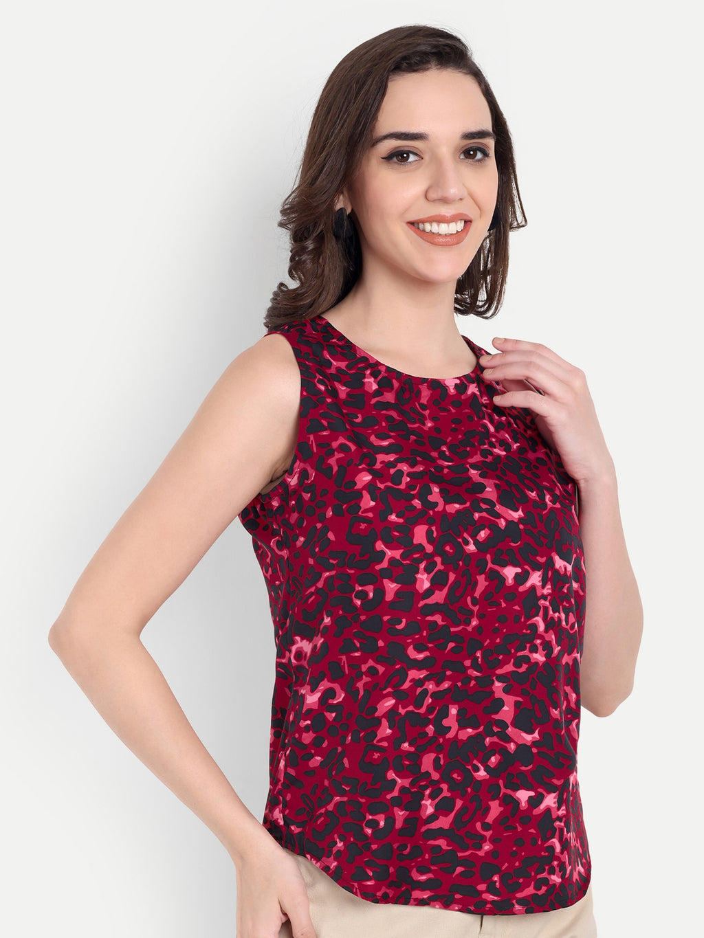 Women's Red Sleeveless Top | Subtle Pattern | Elegant Round Neck for Casual & Office Wear