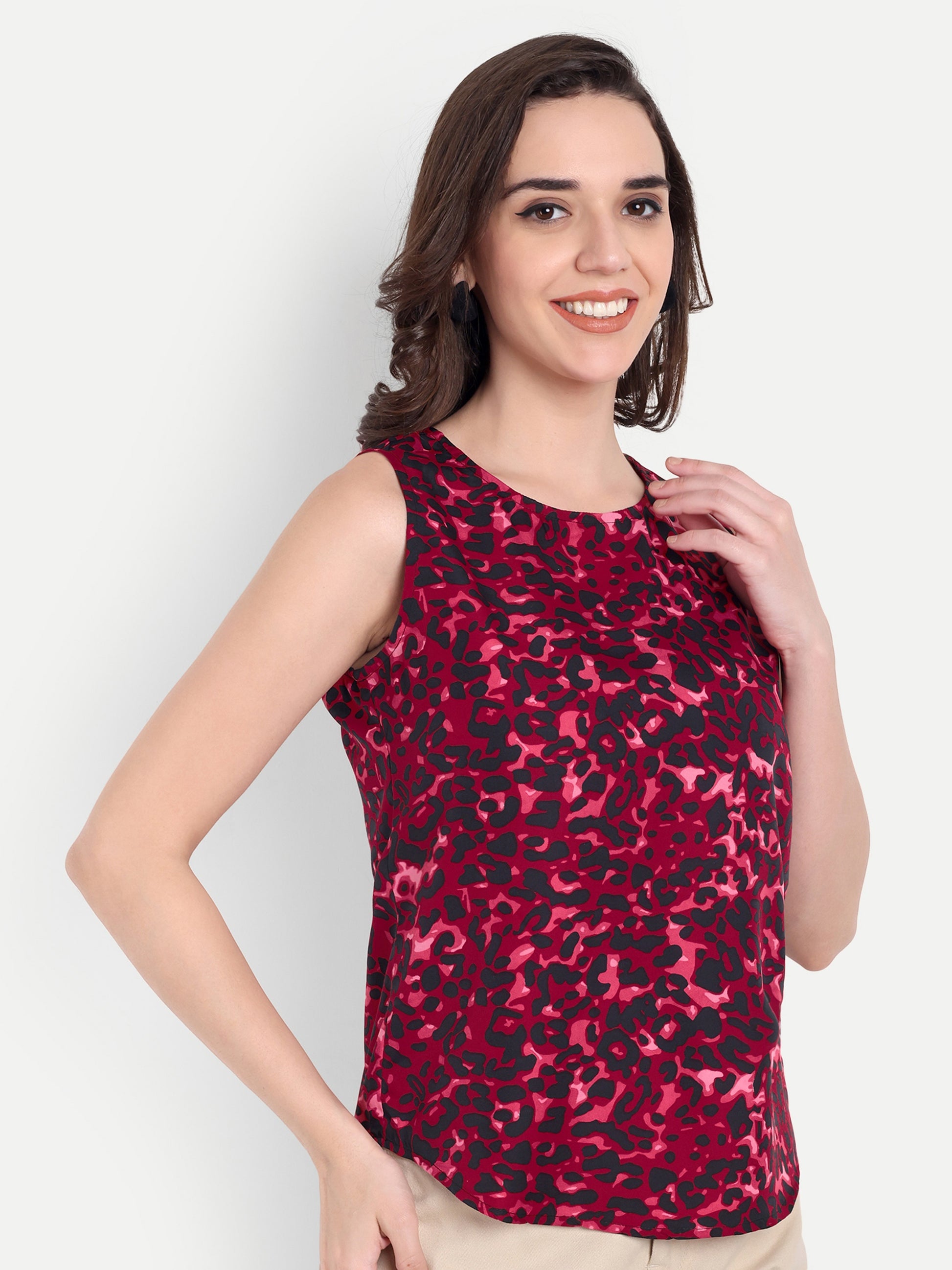 Women's Red Sleeveless Top | Subtle Pattern | Elegant Round Neck for Casual & Office Wear