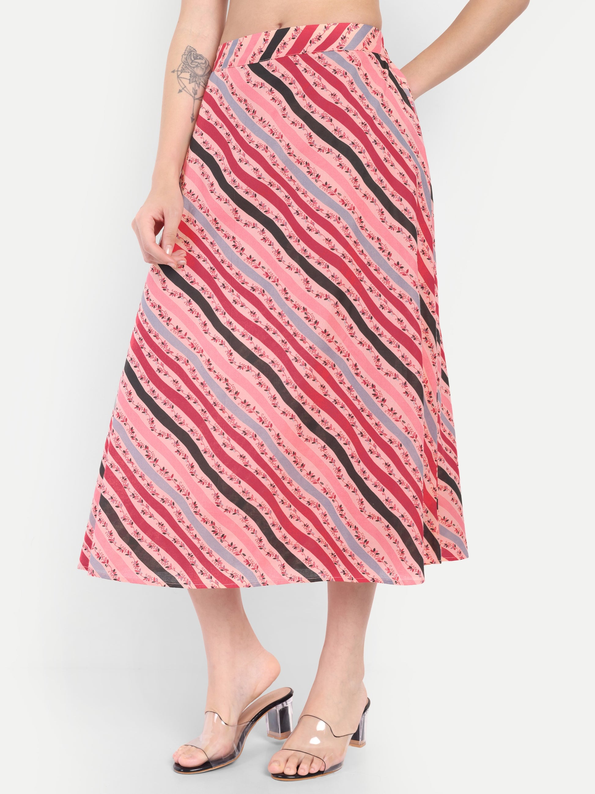 Women's Pink Striped A-Line Midi Skirt | Casual & Party Wear