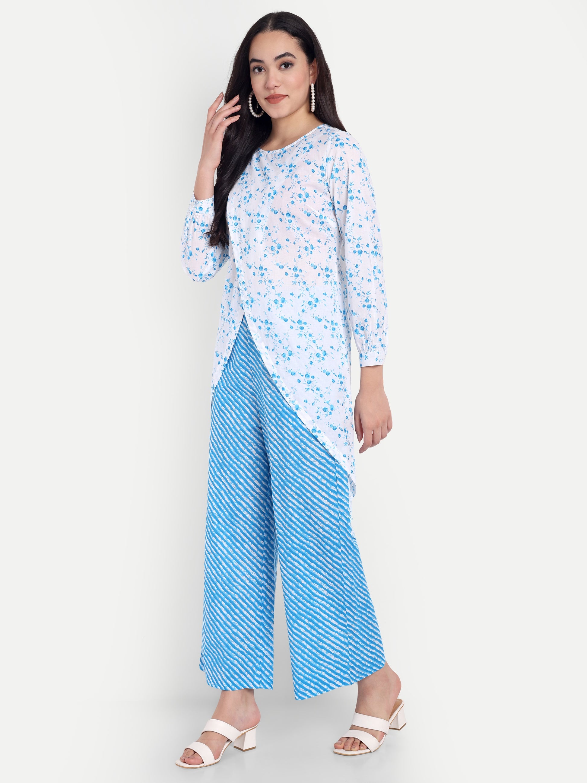 Women's Blue Printed Ethnic Co-ord Set | Asymmetrical Long Kurta with Wide-Leg Pants