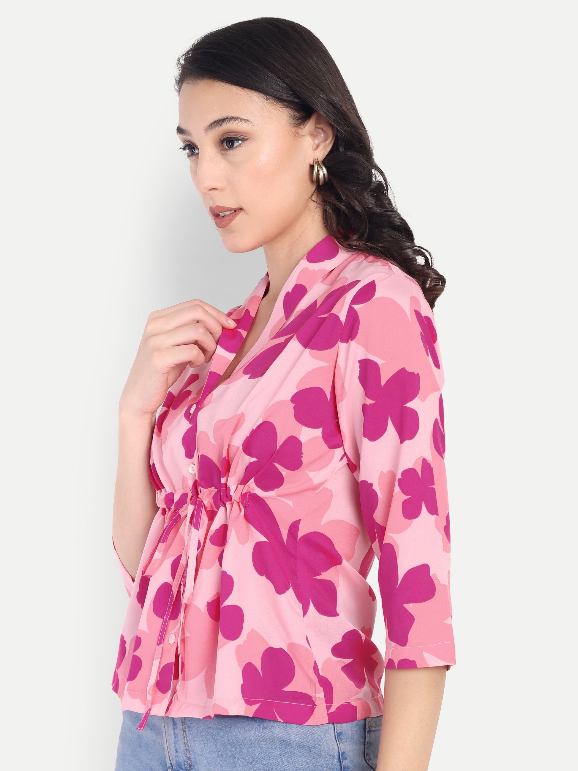 FairLeaf Women's Collar Top with Button – |100% Pure Cotton|Light weight Pink Color Top Relaxed Fit Floral Print – Stylish Casual Summer Western Wear for Women