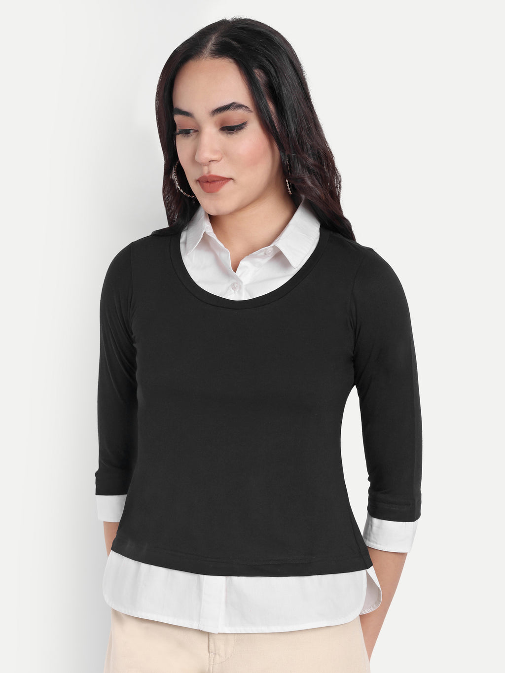 Women's Black Layered Look Top with white Shirt Collar & 3/4 Sleeves