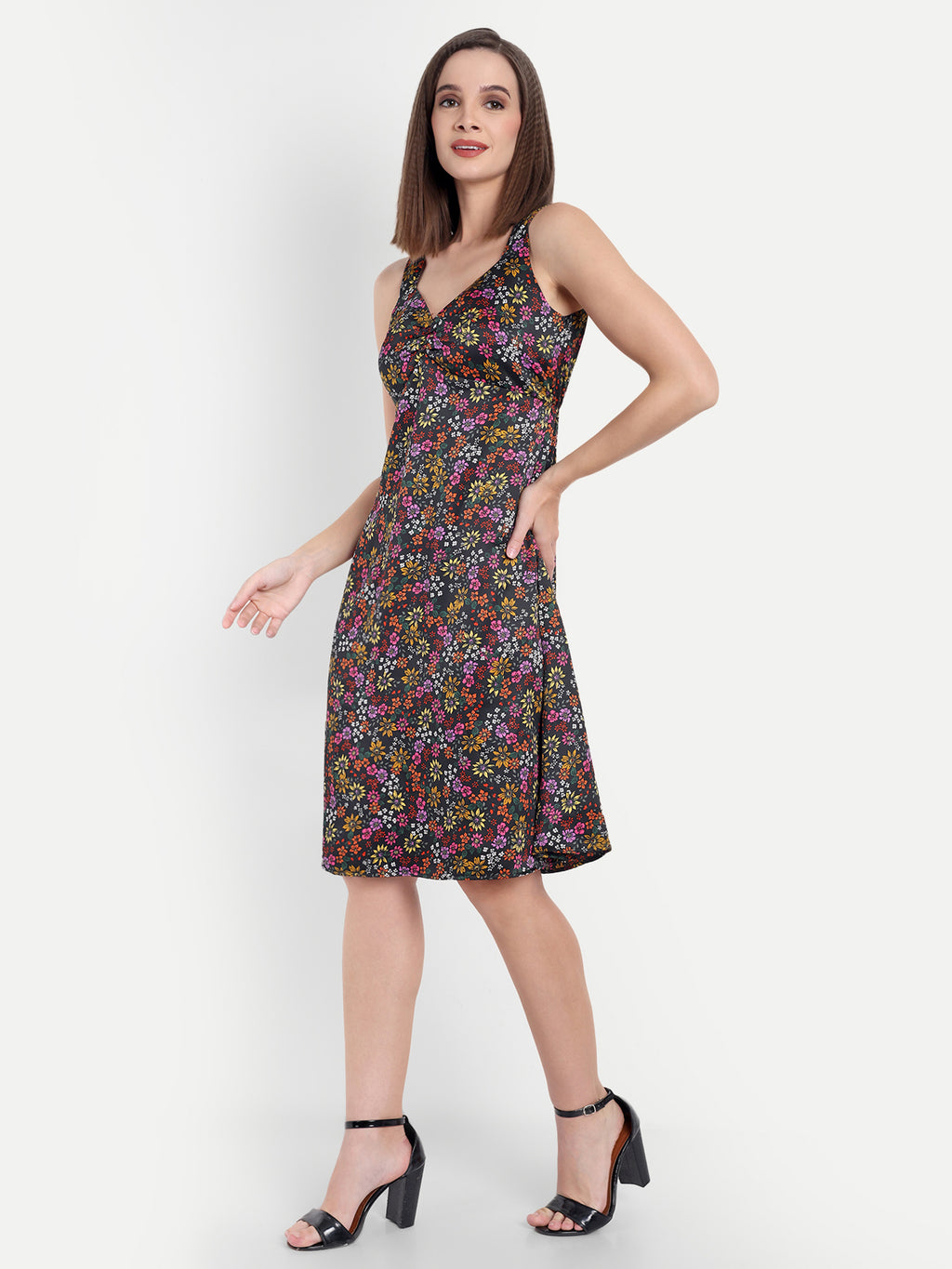 Women's Multicolor Floral Sleeveless A-Line Mini Dress | Elegant Textured Party Wear