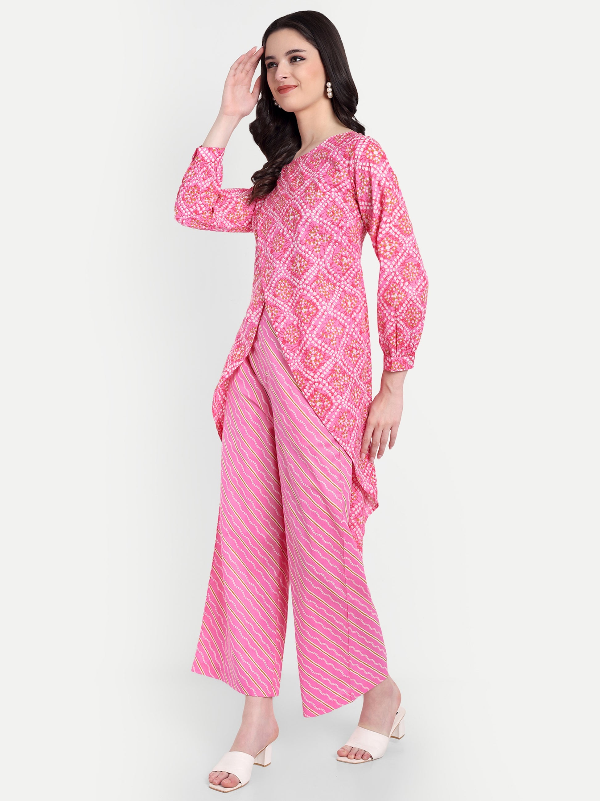 Women's Pink Printed Ethnic Co-ord Set | Asymmetrical Long Kurta with Wide-Leg Pants
