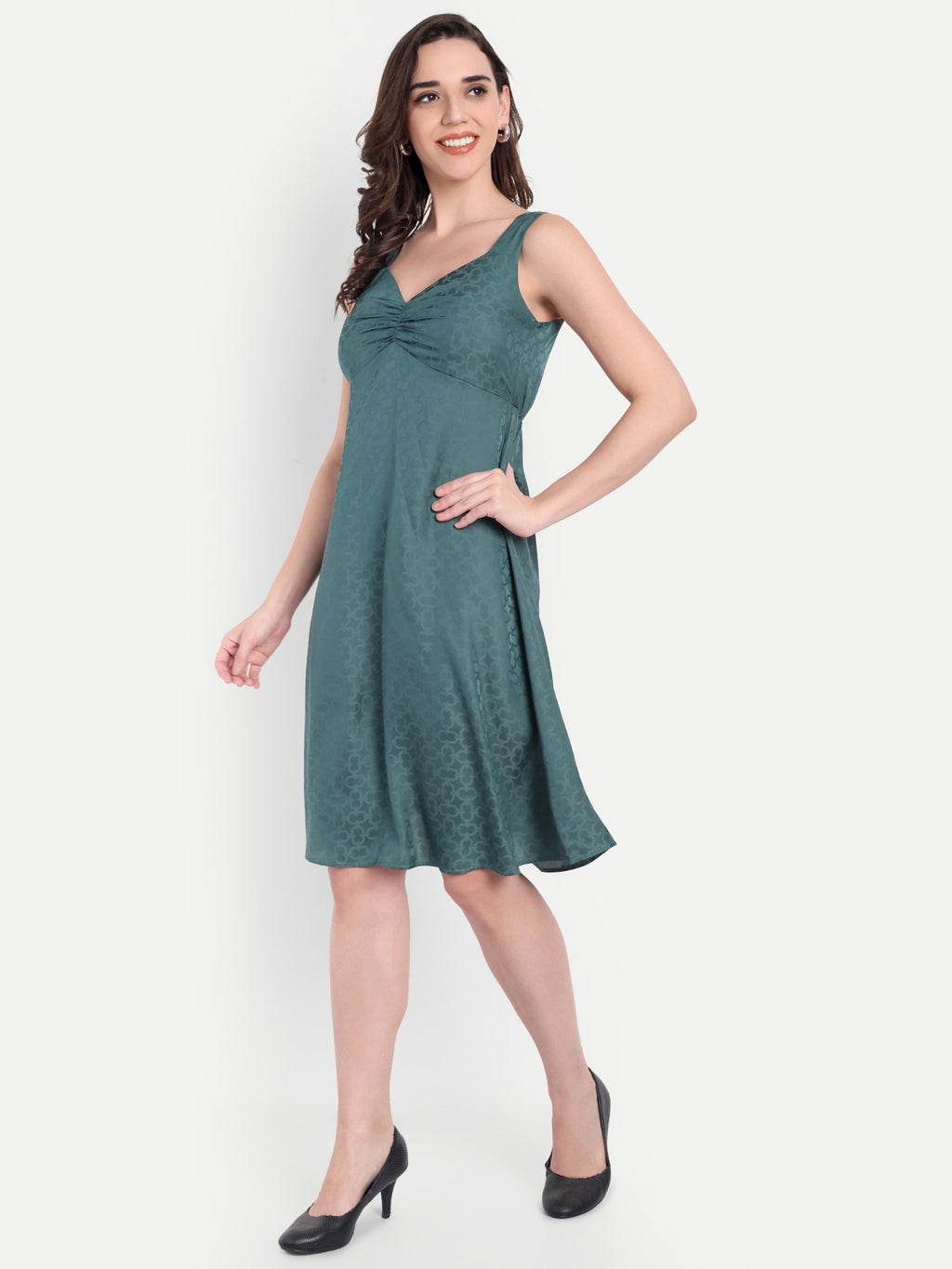 Women's Teal Sleeveless A-Line Mini Dress | Elegant Textured Party Wear