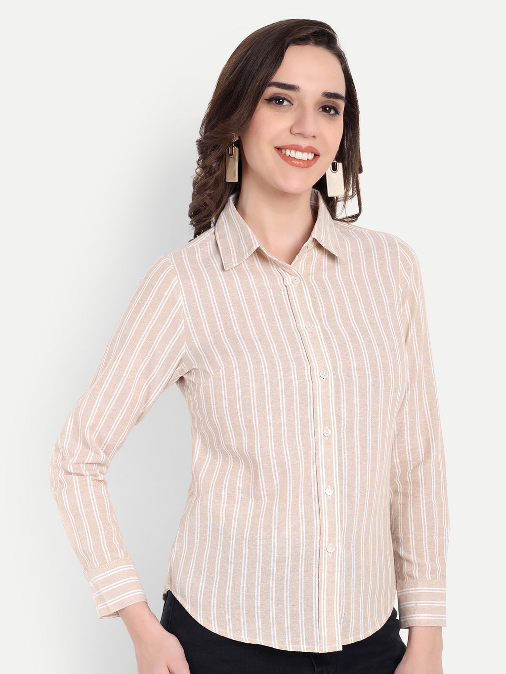 Women's Beige & White Striped Button-Down Shirt – Long Sleeve | Casual & Office Wear