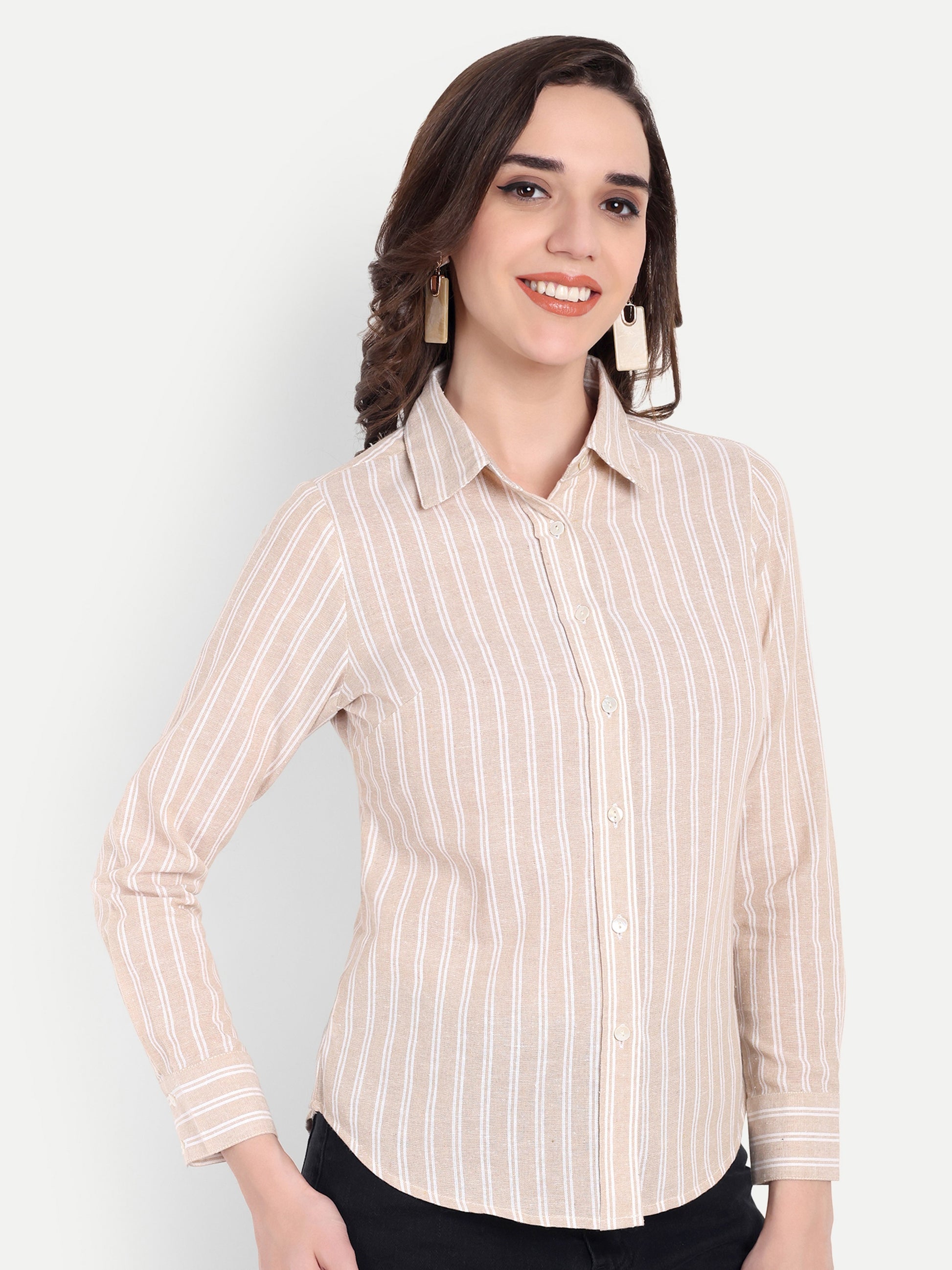 Women's Beige & White Striped Button-Down Shirt – Long Sleeve | Casual & Office Wear