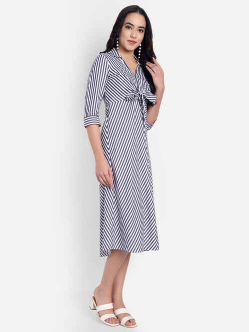Fairleaf Navy & White Striped Knot Front A-Line Midi Dress