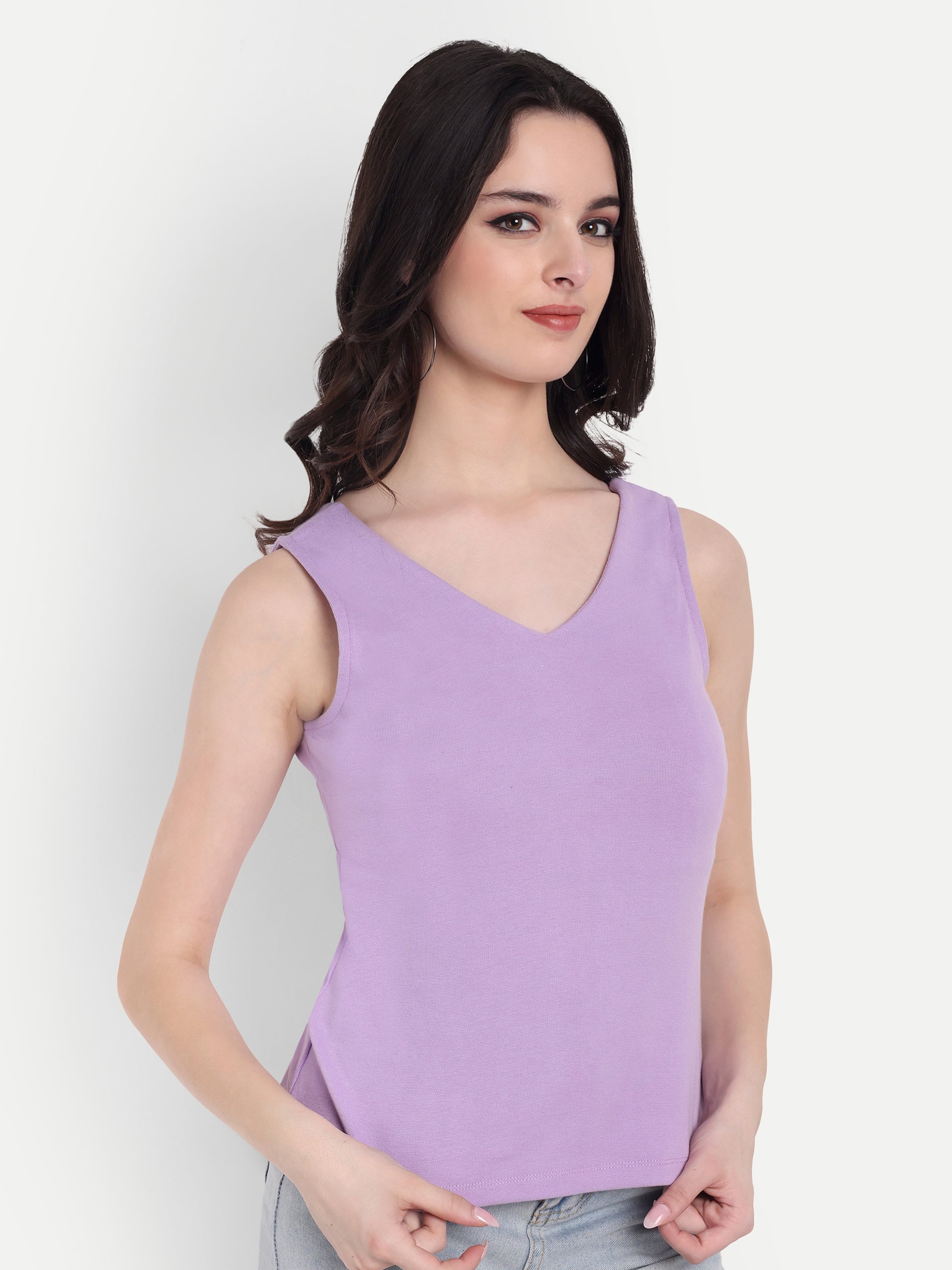 Women's Violet  V-Neck  Sleeveless Top | Casual & Party Wear