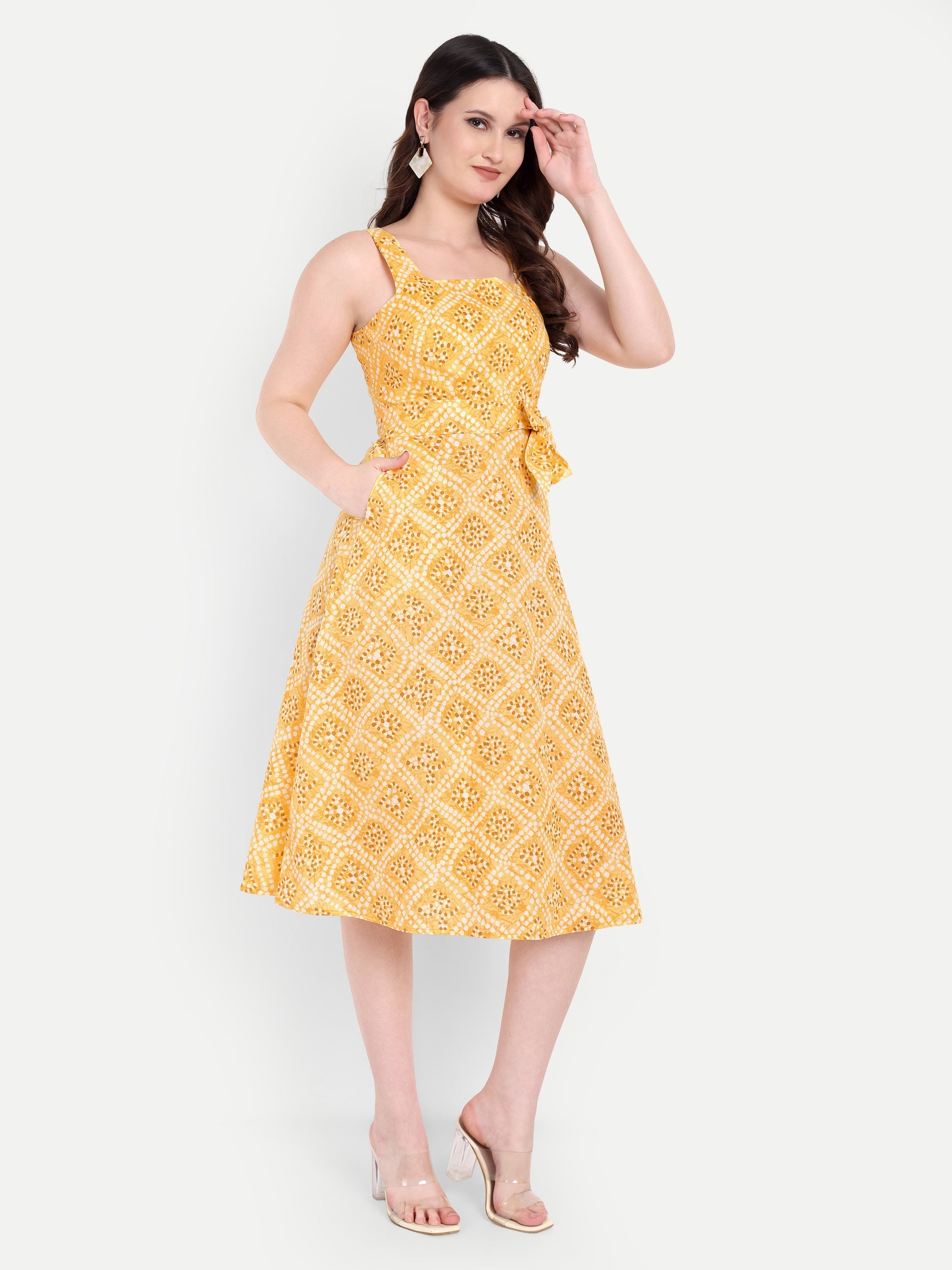 Women's yellow Floral Midi Dress with Square Neck & Side Pockets | Summer Casual Wear (Copy)