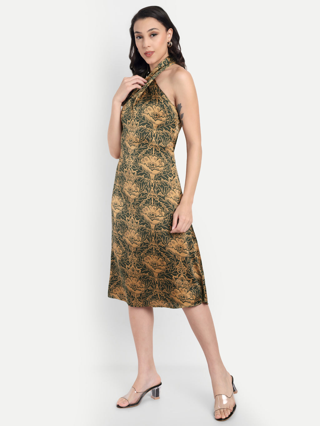 Women's Green & Gold Floral Halter Neck Midi Dress | Elegant Sleeveless Party Wear