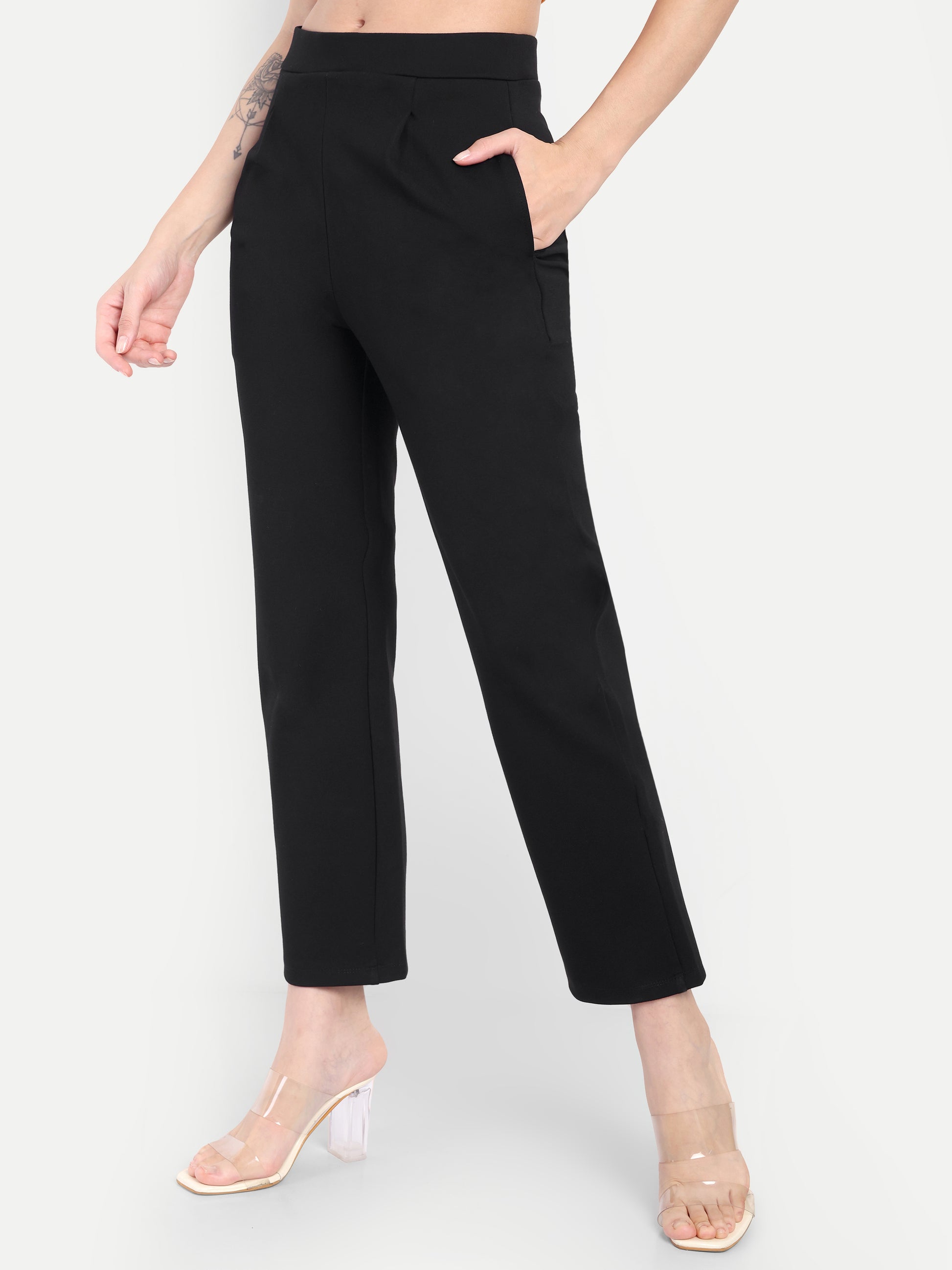 Women's Black Slim-Fit Cigarette Pants – Mid-Rise | Formal & Casual Wear