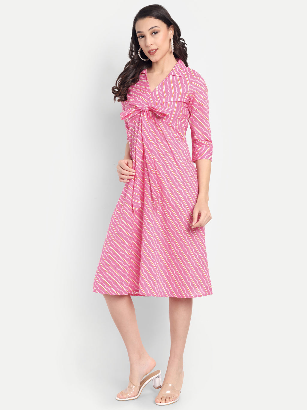 Women's Pink Striped Knee-Length Dress | Front Knot Detail | Casual & Party Wear