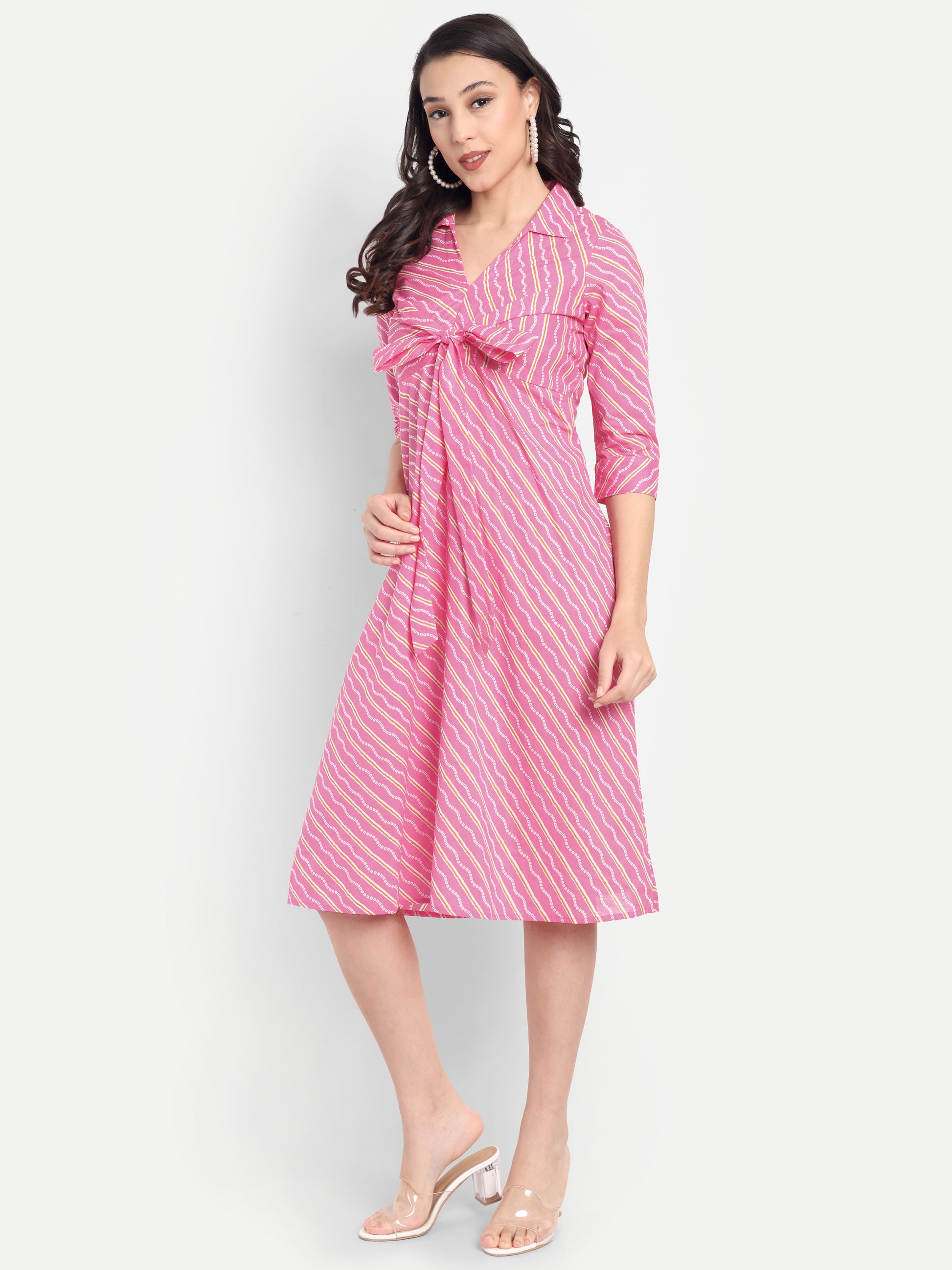 Women's Pink Striped Knee-Length Dress | Front Knot Detail | Casual & Party Wear
