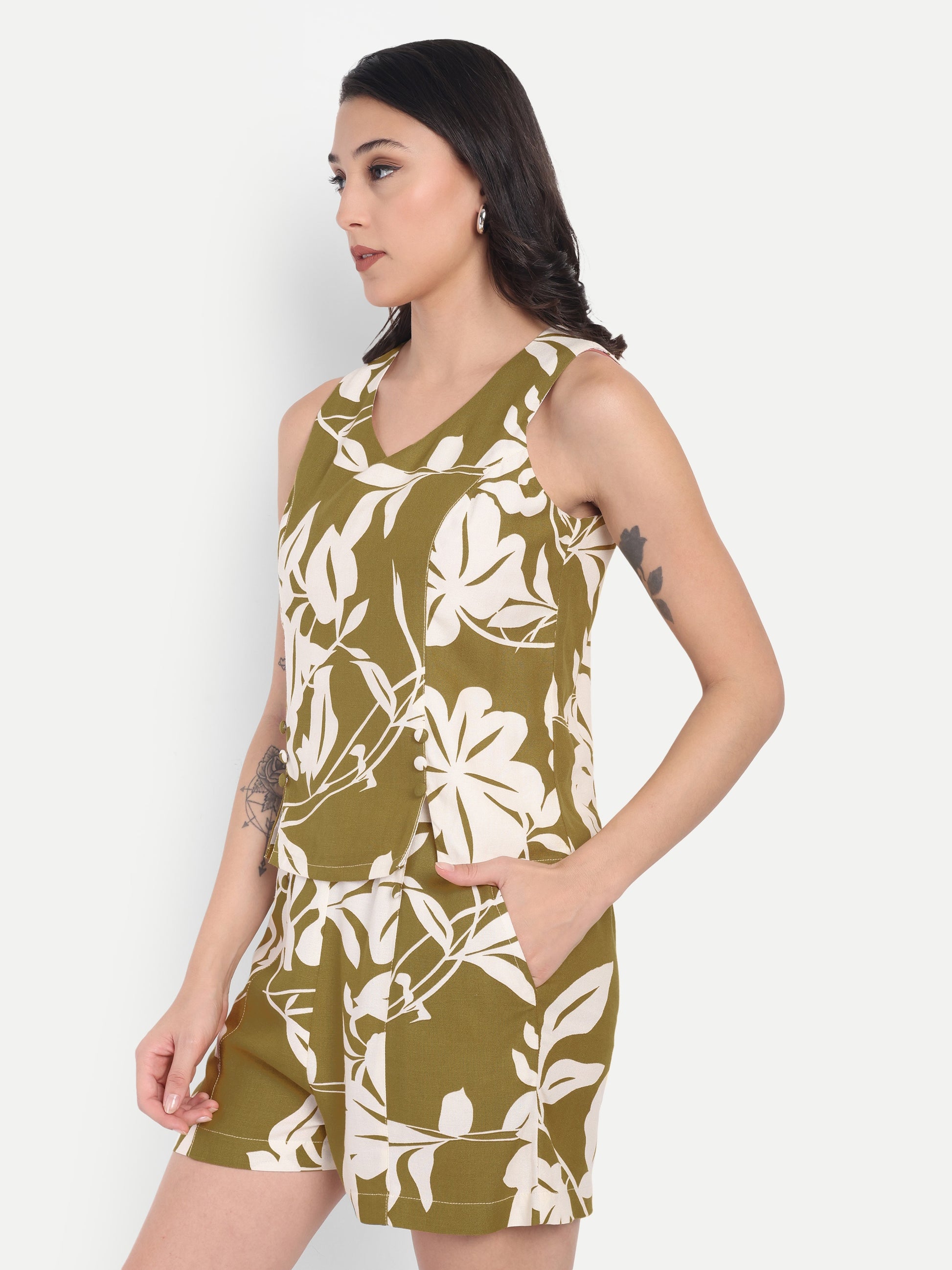 FairLeaf Women's Top and Short Set – |100% Pure Cotton | Lightweight Relaxed Fit Sleeveless Olive Top & Short– Stylish Casual Summer  for Women