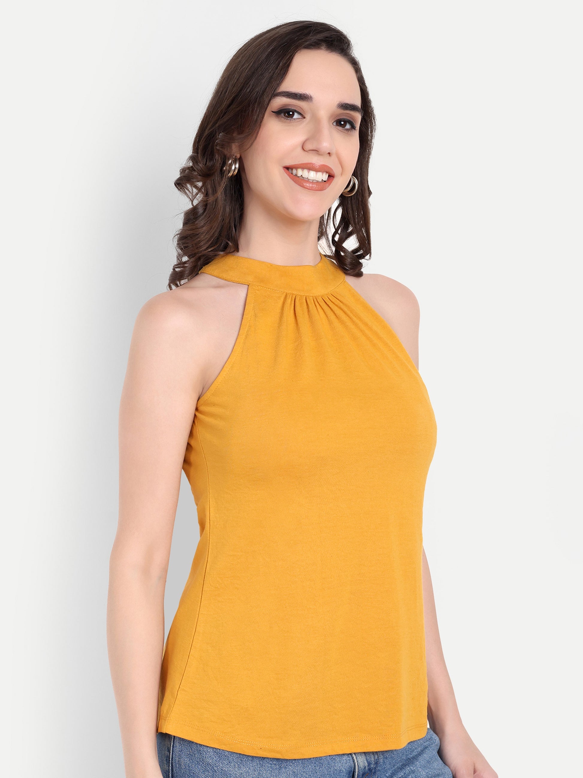 Women's Yellow Halter Neck Sleeveless Top | Casual & Party Wear