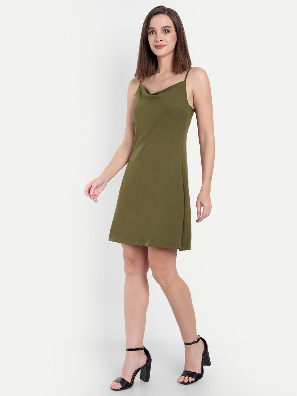 Women's Olive A-Line Mini Dress | Sleeveless Cowl Neck | Casual & Party Wear