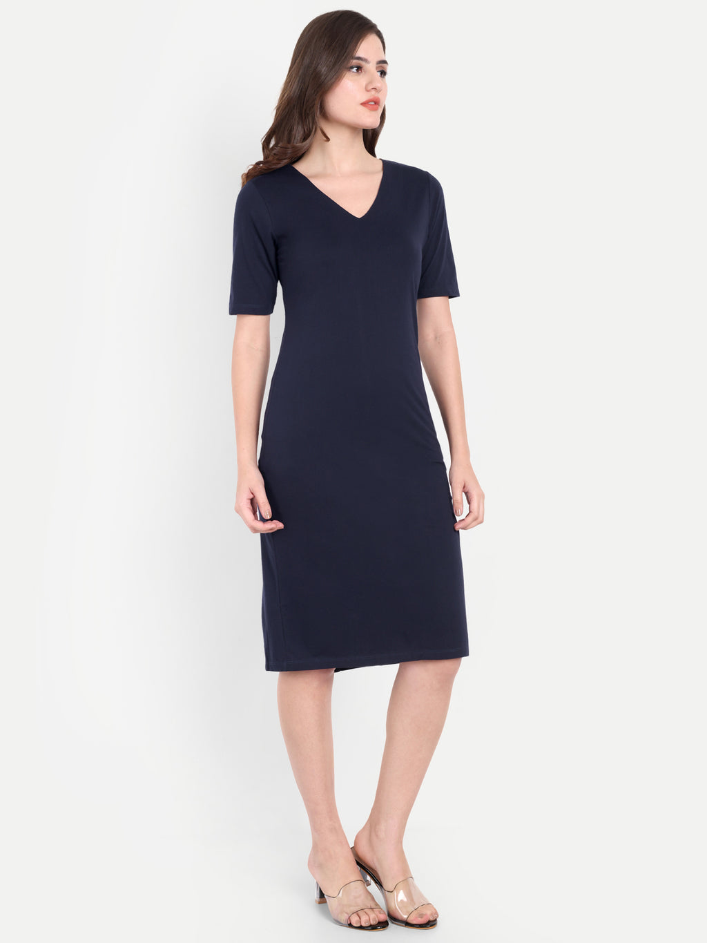 Women's Dark Blue Bodycon Midi Dress | V-Neck | Half Sleeve | Casual & Office Wear