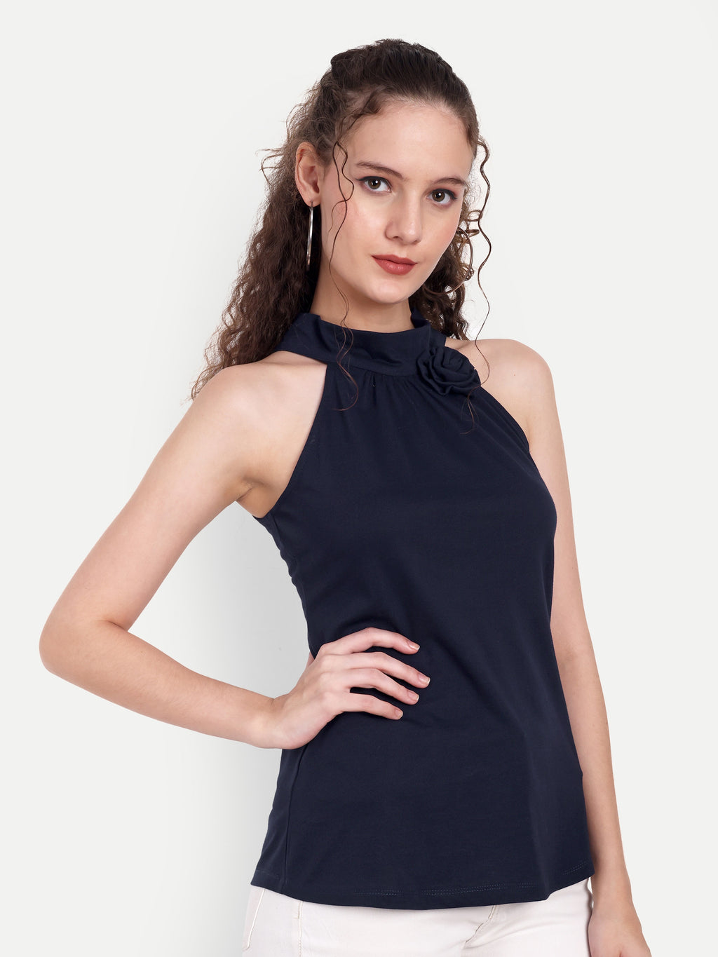 Women's Grey Halter Neck Sleeveless Top | Casual & Party Wear