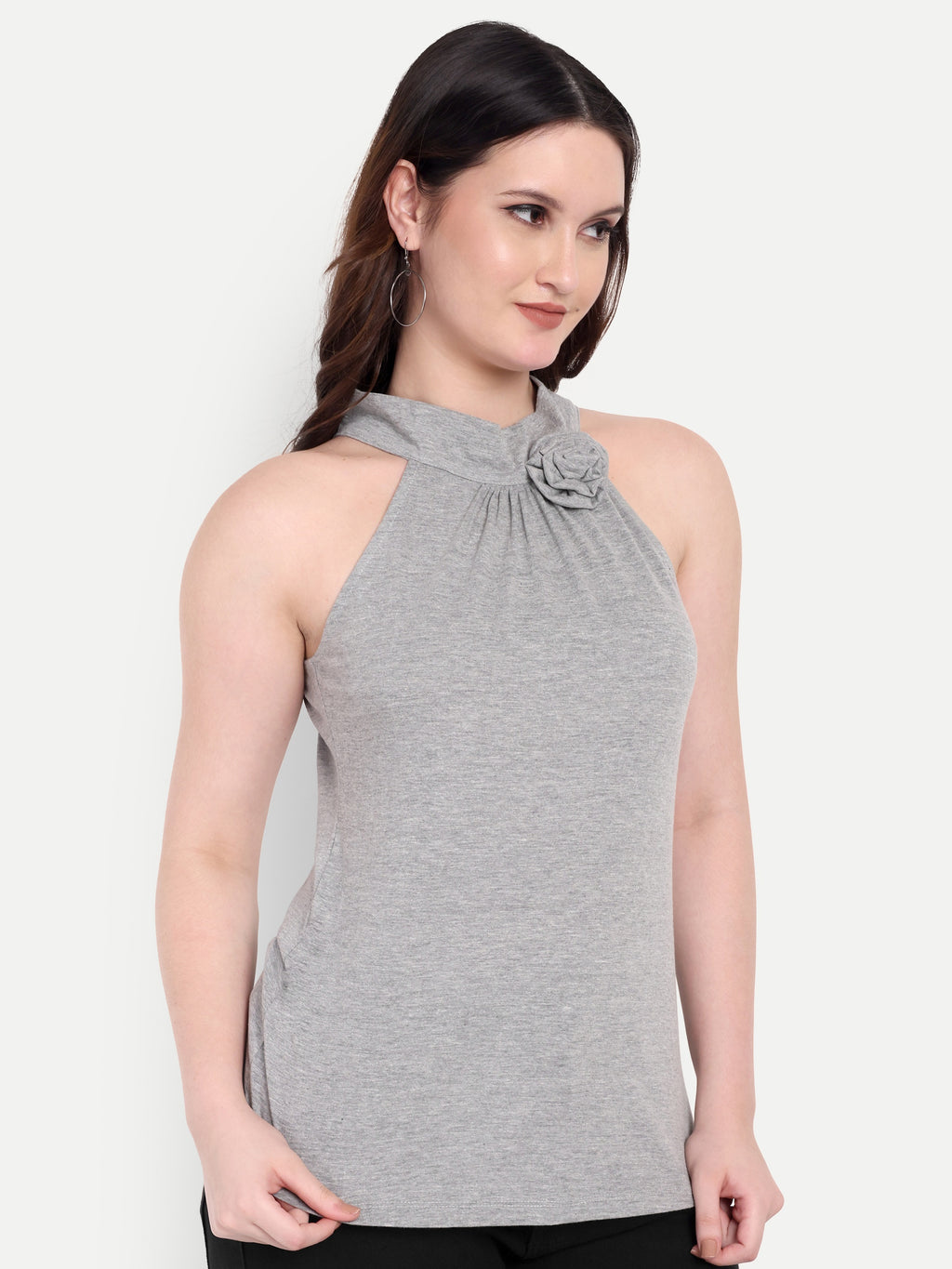 Women's Grey Floral Halter Neck Sleeveless Top | Casual & Party Wear