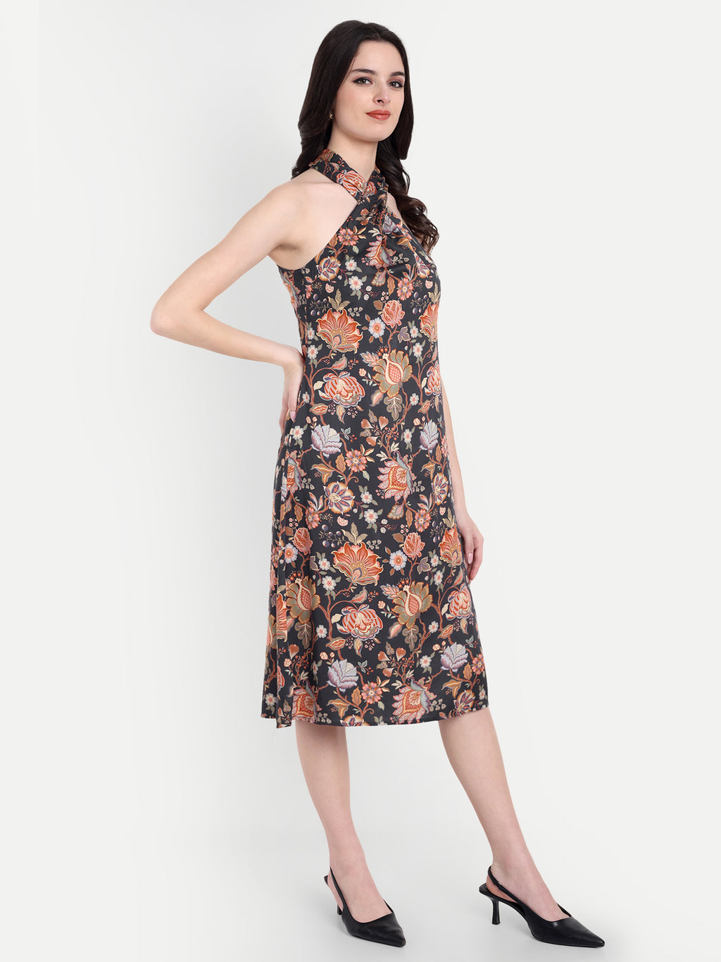 Women's Black Floral Halter Neck Midi Dress | Sleeveless Summer Dress
