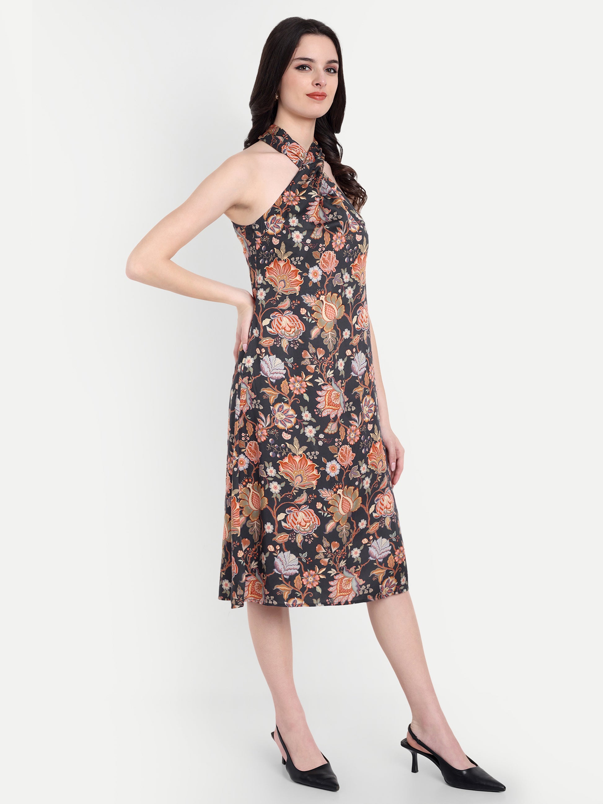 Women's Black Floral Halter Neck Midi Dress | Sleeveless Summer Dress