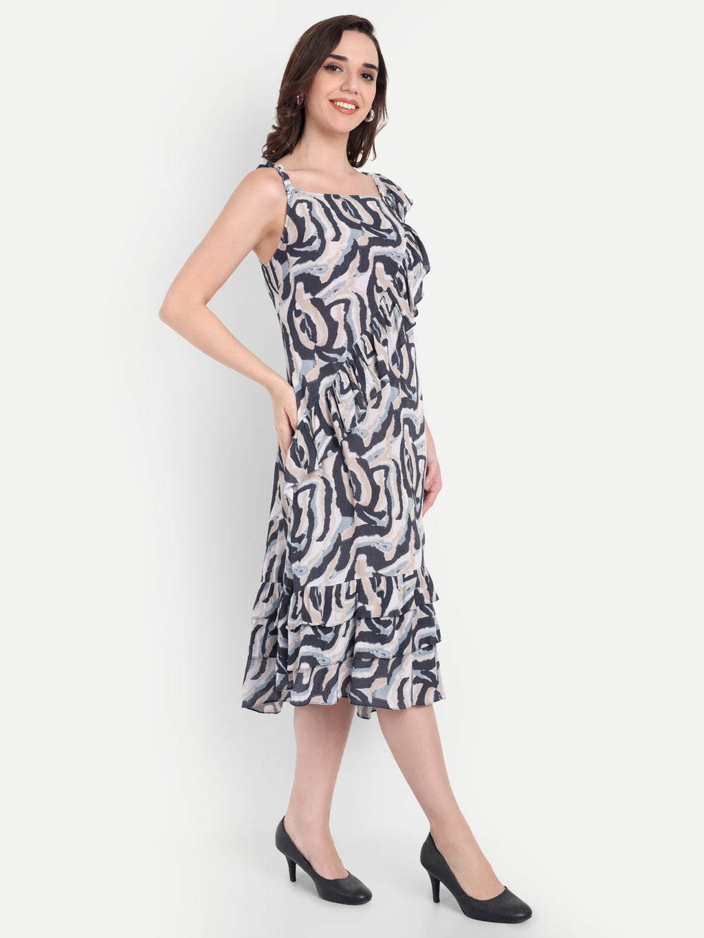 Women's Back And White Printed  Ruffle Dress | Sleeveless | Stylish Summer & Party Wear (Copy)