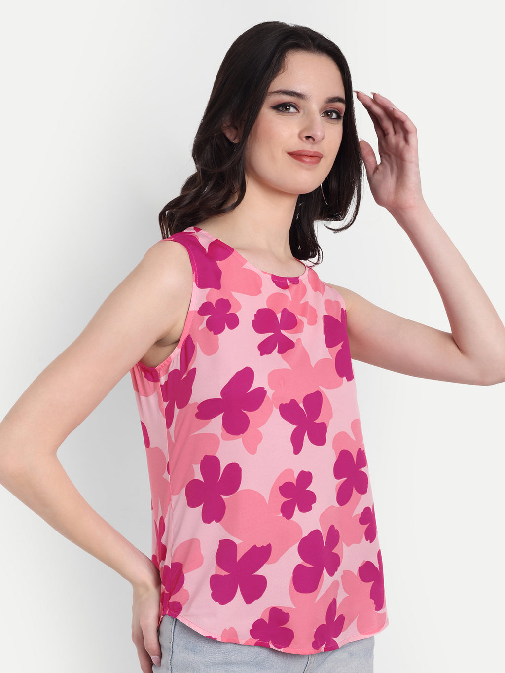 Women's Pink Floral Print Sleeveless Top | Round Neck | Lightweight Casual Summer Wear