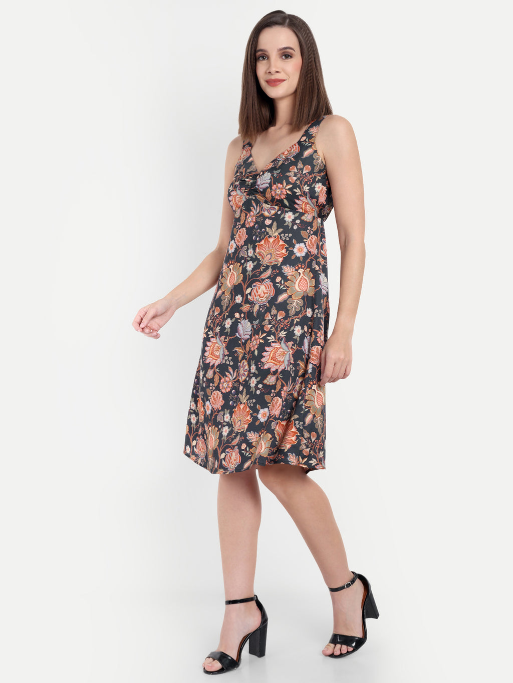 Women's Black multicolor  Floral Sleeveless A-Line Mini Dress | Elegant Textured Party Wear