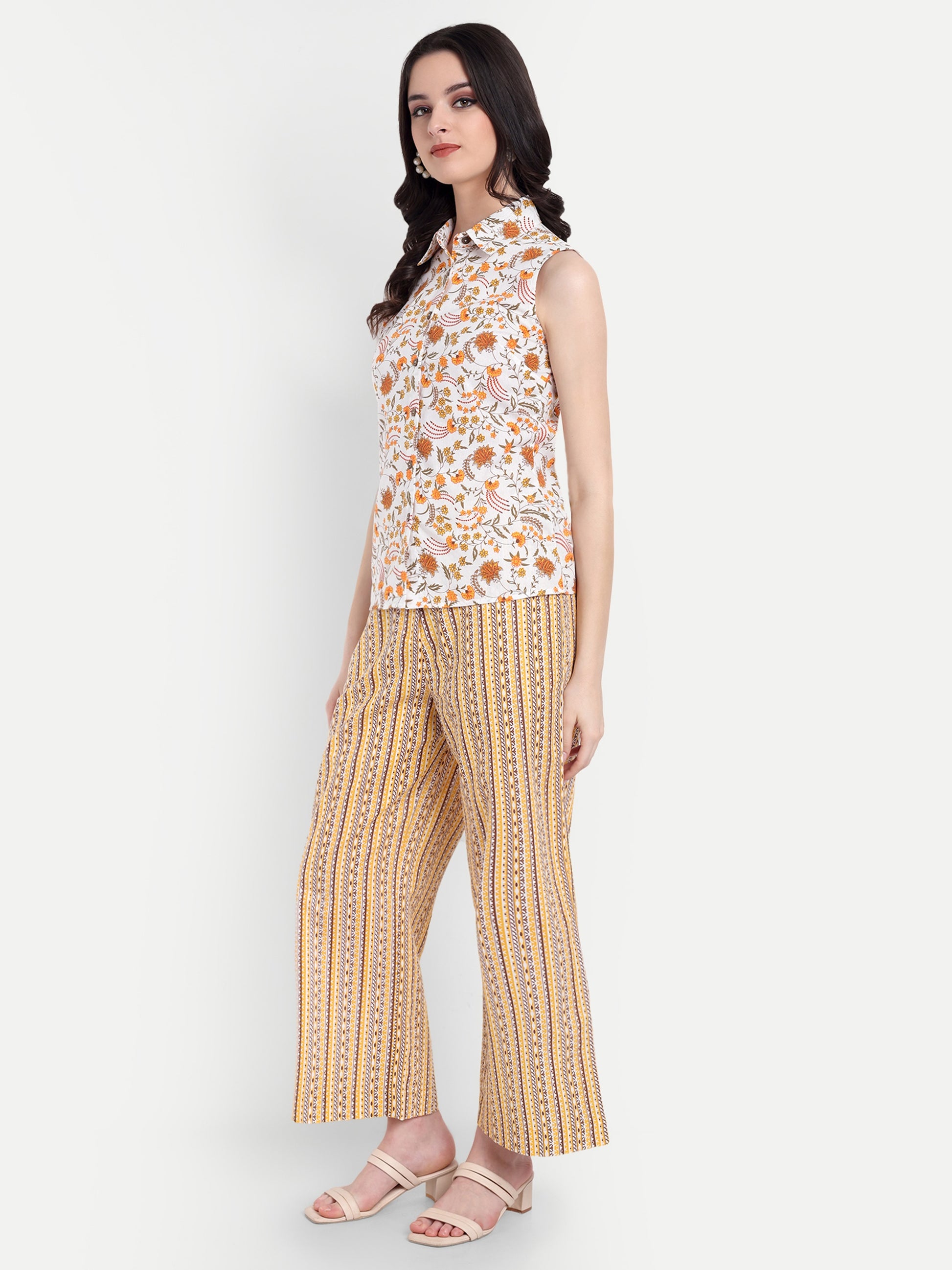 Women's Yellow Floral Sleeveless Shirt with Pink Printed Wide-Leg Pants | Comfortable Summer Co-ord Sets