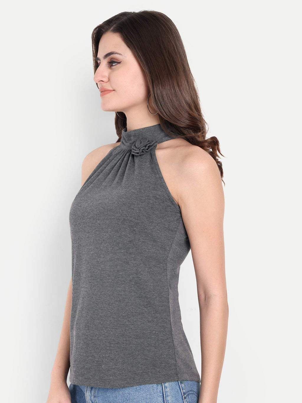 Women's Dark Grey Floral Halter Neck Sleeveless Top | Casual & Party Wear