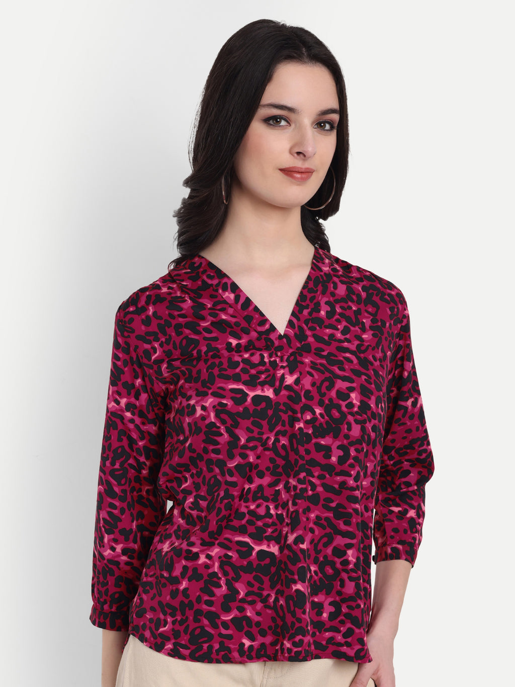 Women's Magenta & Black Animal Print V-Neck Top | 3/4 Sleeves | Stylish Casual & Party Wear