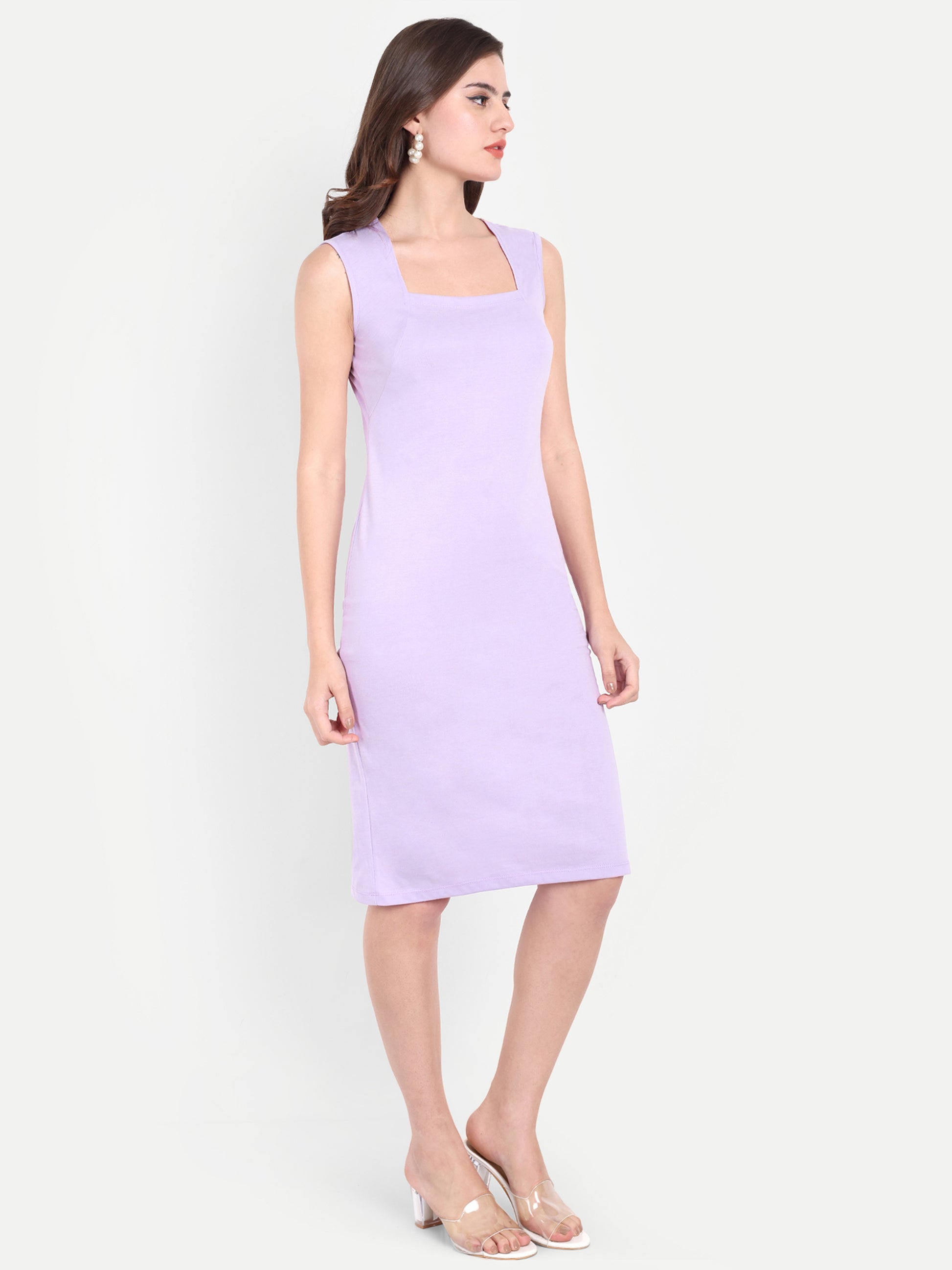 Women's Lavender  Sleeveless Bodycon Midi Dress | Square Neck | Casual & Party Wear