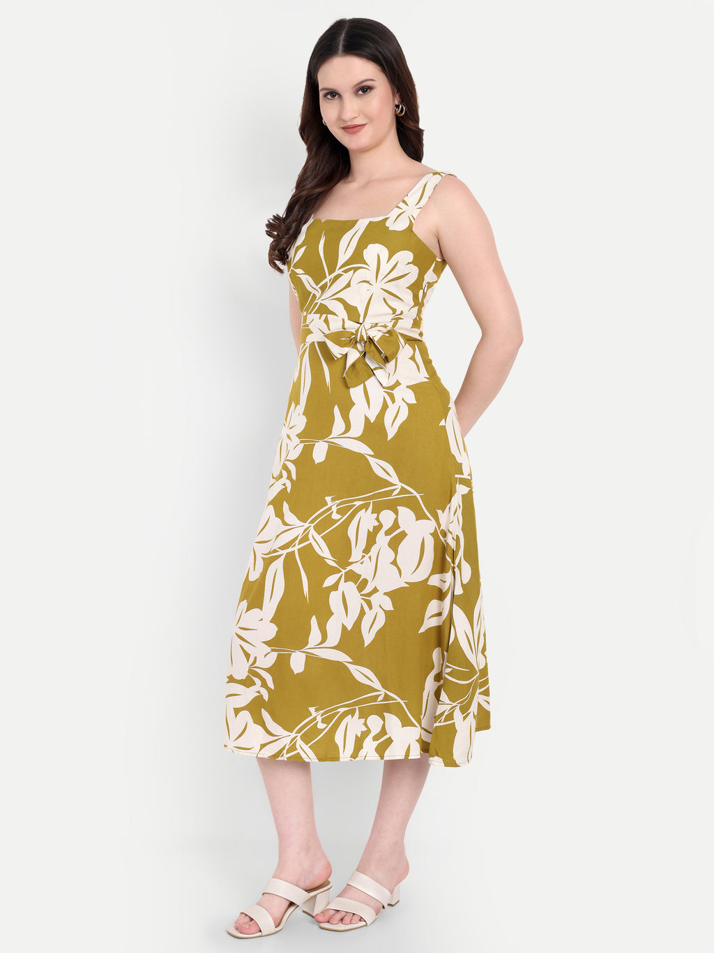 Women's Olive Floral Halter Neck Top with Waist Tie | Sleeveless Casual Wear